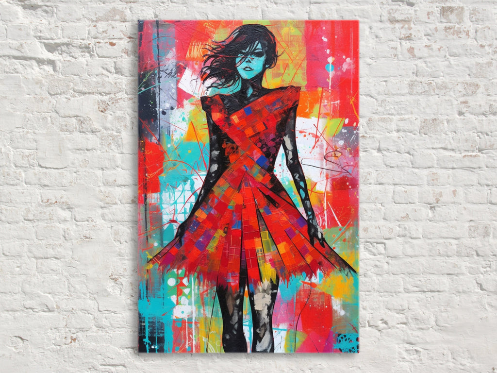 Red Dress Canvas Art | Contemporary Pop Art Painting - Female Home Decor