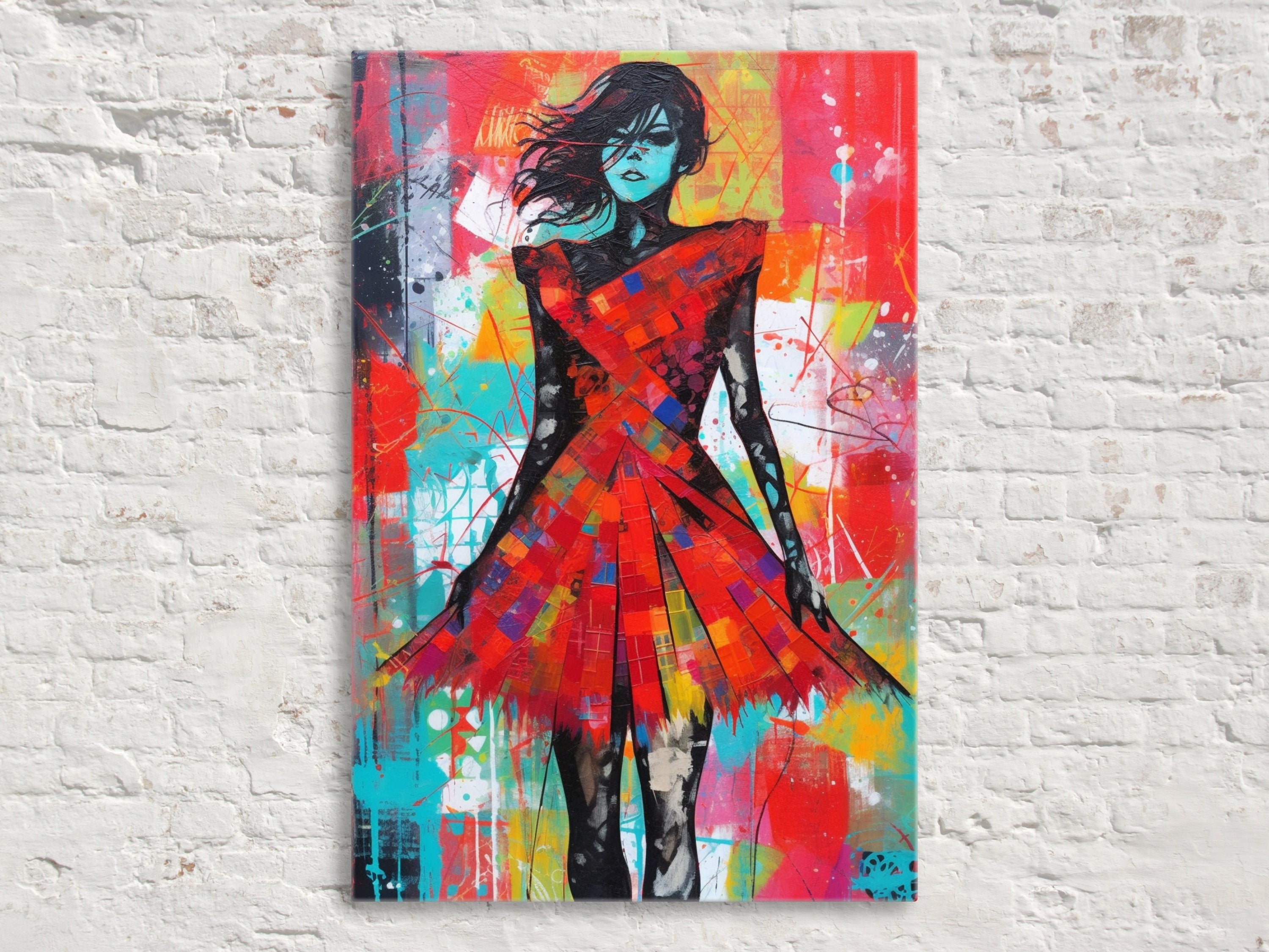 Red Dress Canvas Art | Contemporary Pop Art Painting - Female Home Decor