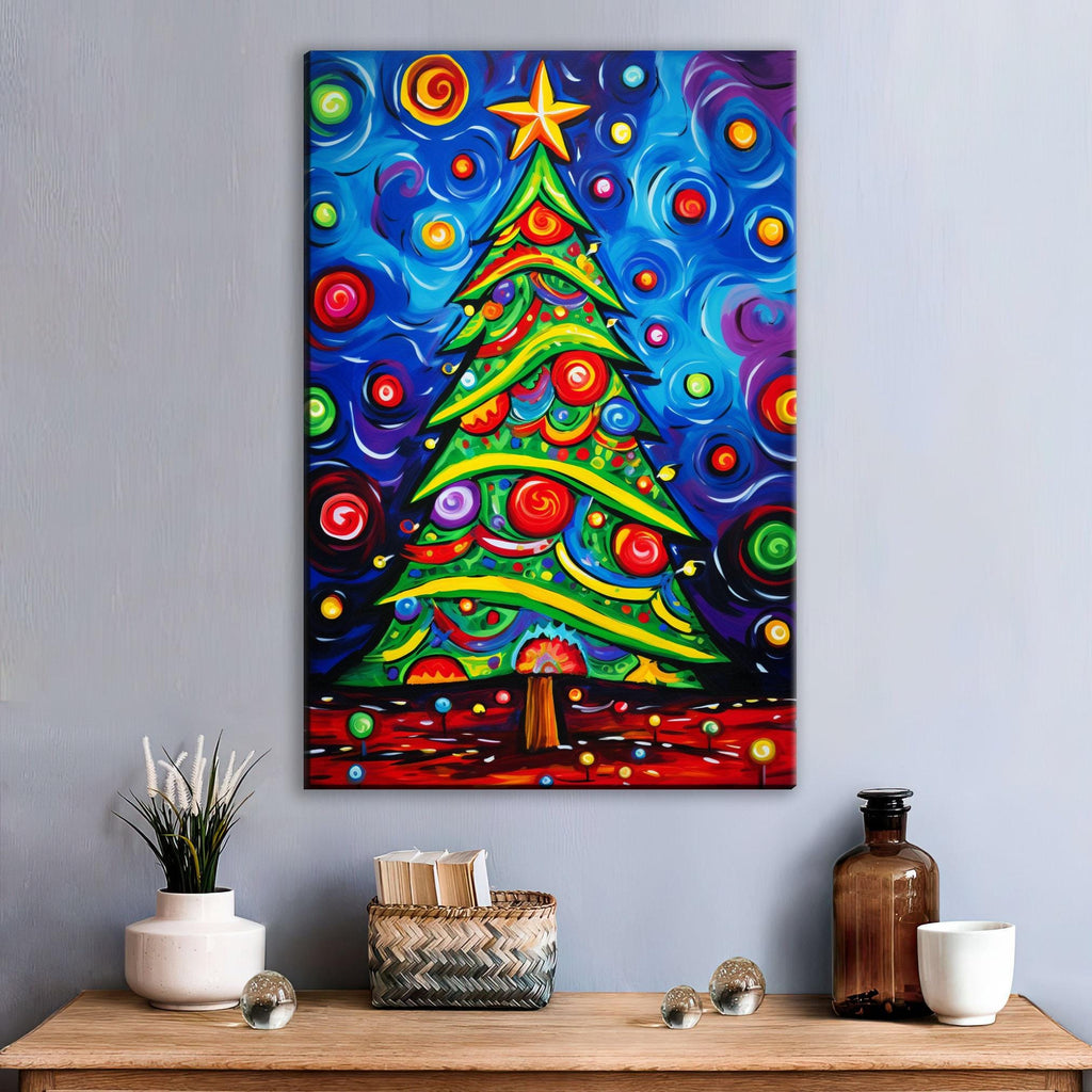 Christmas Tree Wall Art – Colorful Xmas Tree Painting on Gallery Wrapped Canvas, Large Sizes