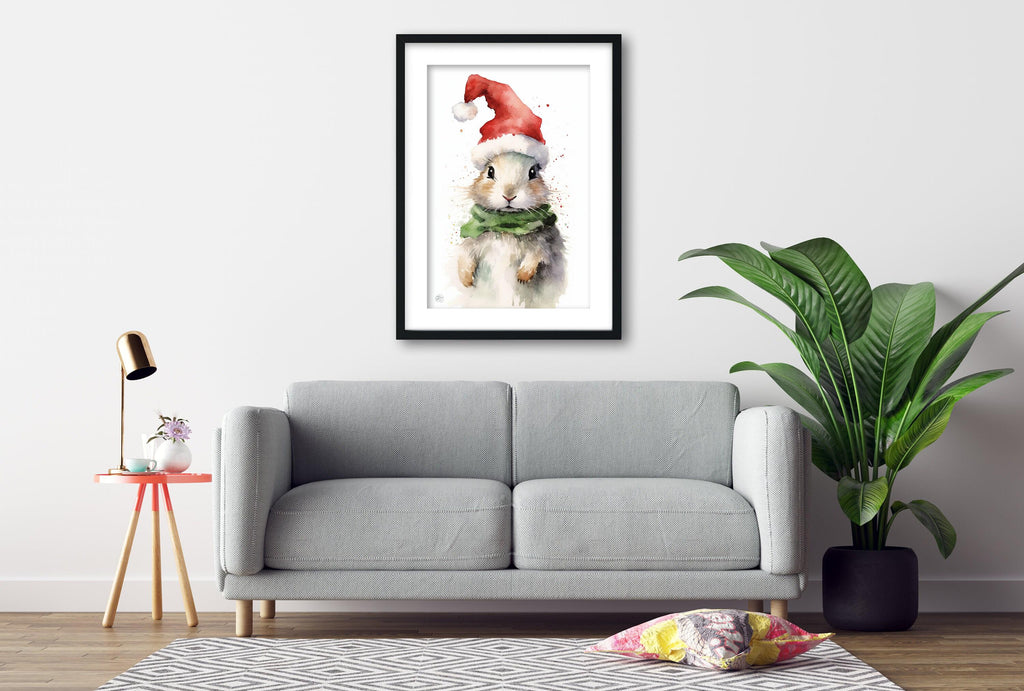 Festive Bunny in Santa Hat Watercolor Art Print, Giclee Print on Canvas, Artist Paper, Watercolor Paper, Available in Extra Large Sizes