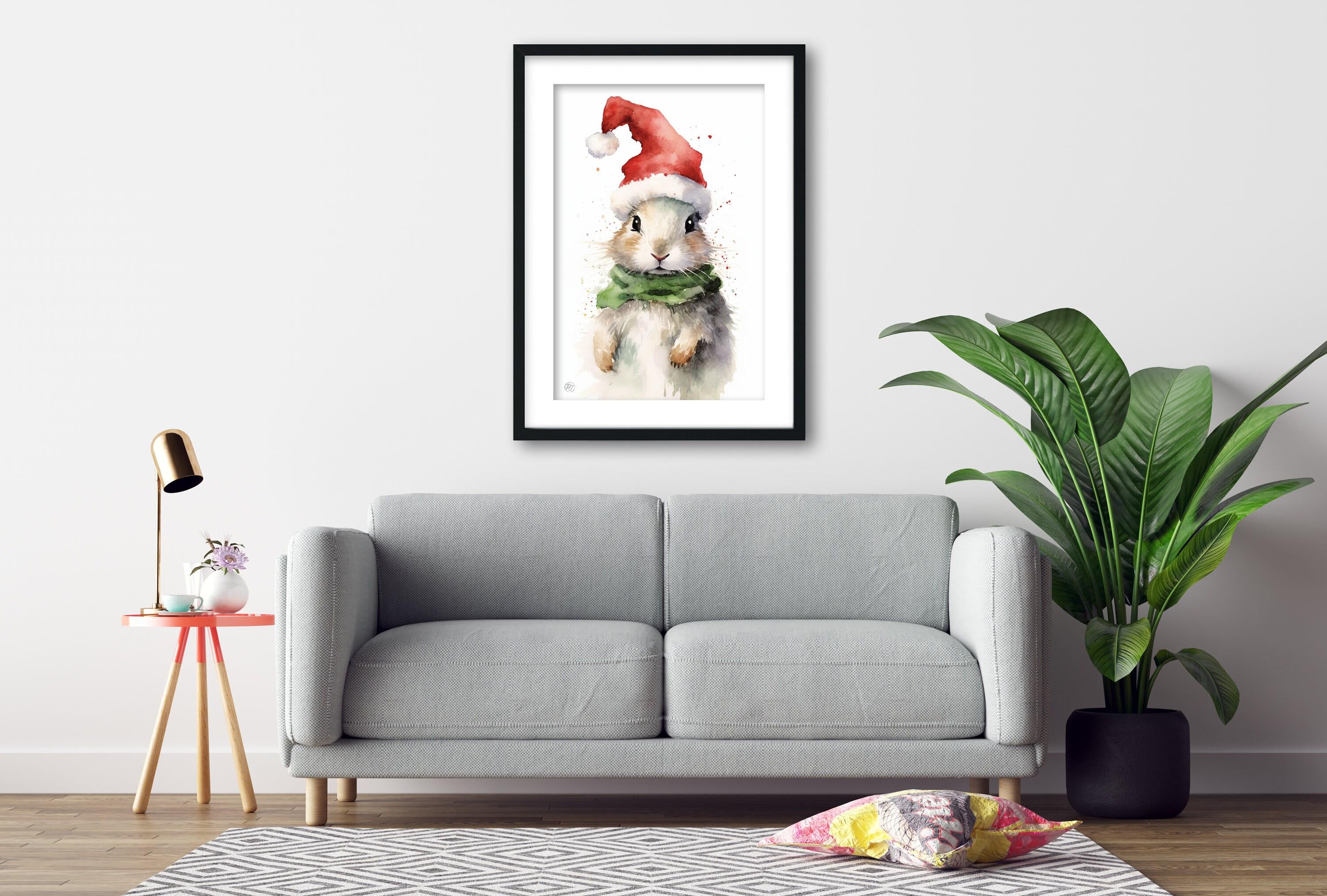 Festive Bunny in Santa Hat Watercolor Art Print, Giclee Print on Canvas, Artist Paper, Watercolor Paper, Available in Extra Large Sizes