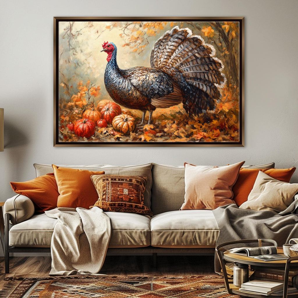 a large painting of a turkey standing on a couch in a living room setting.