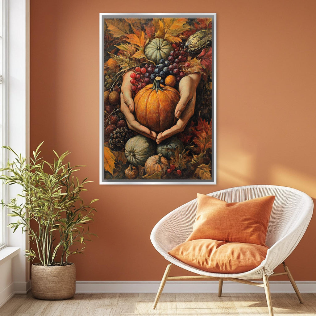 a cozy living room with a large painting of a vibrant autumn scene hanging on the wall, depicting hands holding a pumpkin surrounded by various fruits and leaves. The room is decorated with a white wicker chair, a potted plant, and a window, creating a warm and inviting atmosphere.
