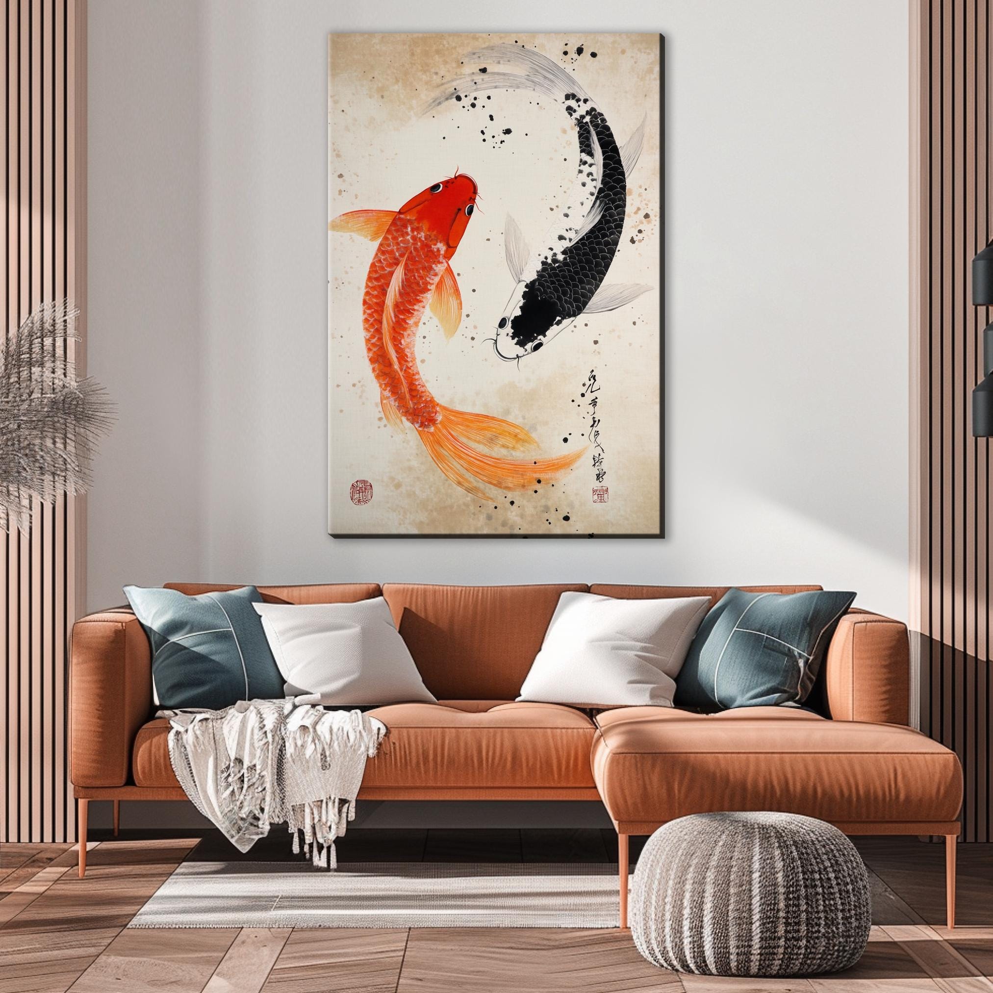 a living room with a couch and a painting on the wall
