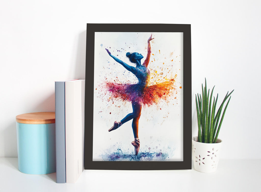 a framed painting of a ballerina in a colorful tutu, with her arms raised in a dynamic pose. The painting is displayed on a white shelf, accompanied by a potted plant and some books.