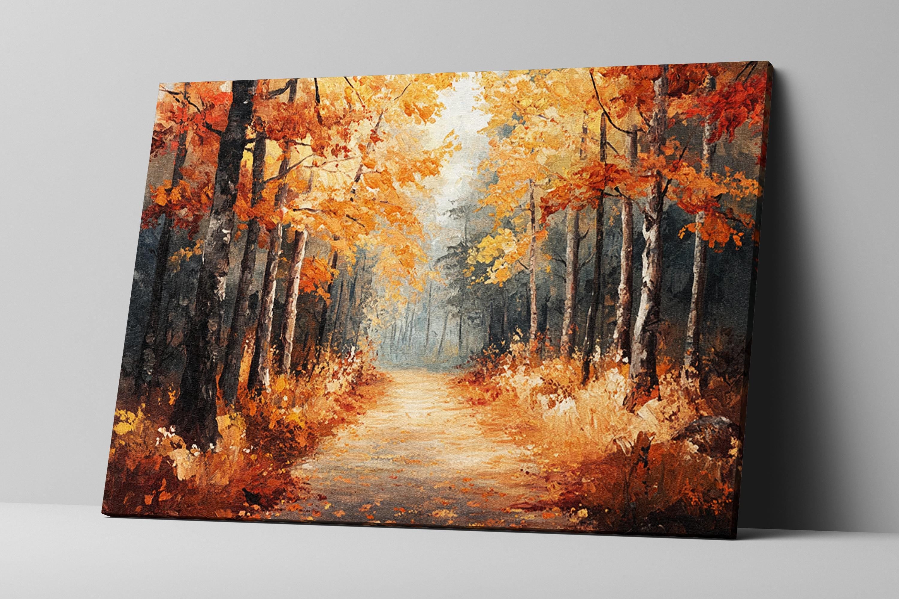a serene autumn forest scene with a winding path leading through the trees, creating a sense of depth and perspective.