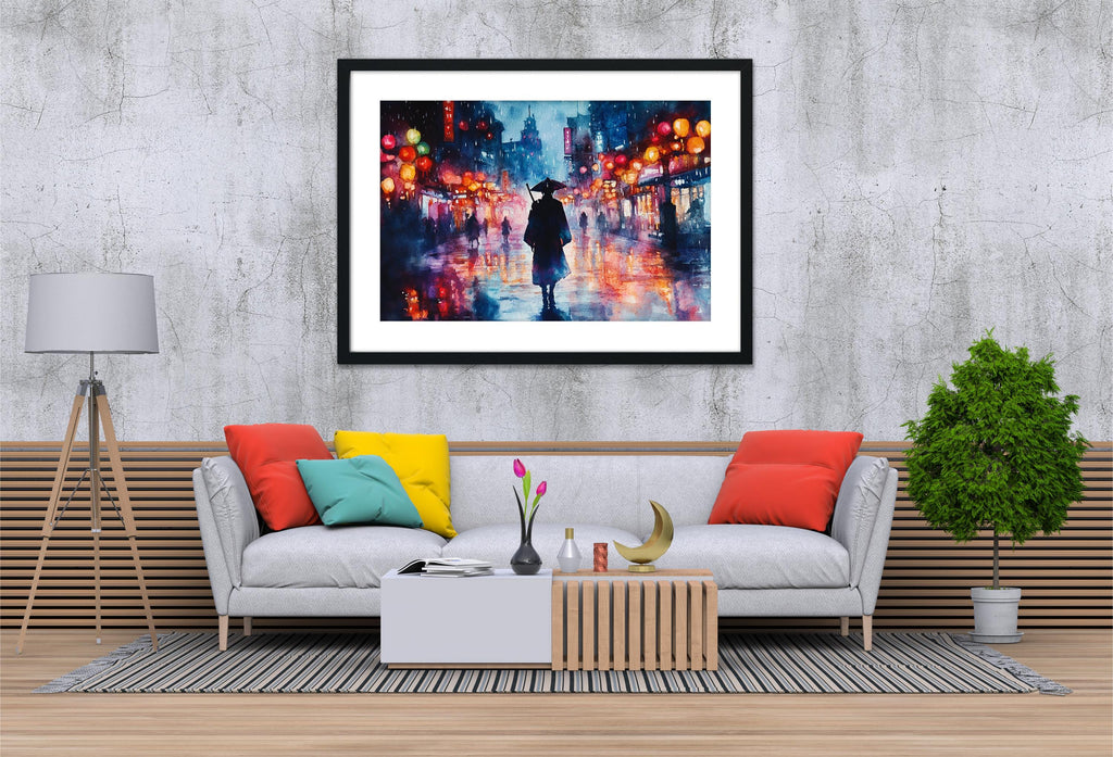 a cozy living room with a gray sofa adorned with colorful throw pillows, a wooden coffee table, and a framed painting of a person walking in the rain. The painting is hung on a concrete wall above the sofa, creating a visually appealing and inviting atmosphere.