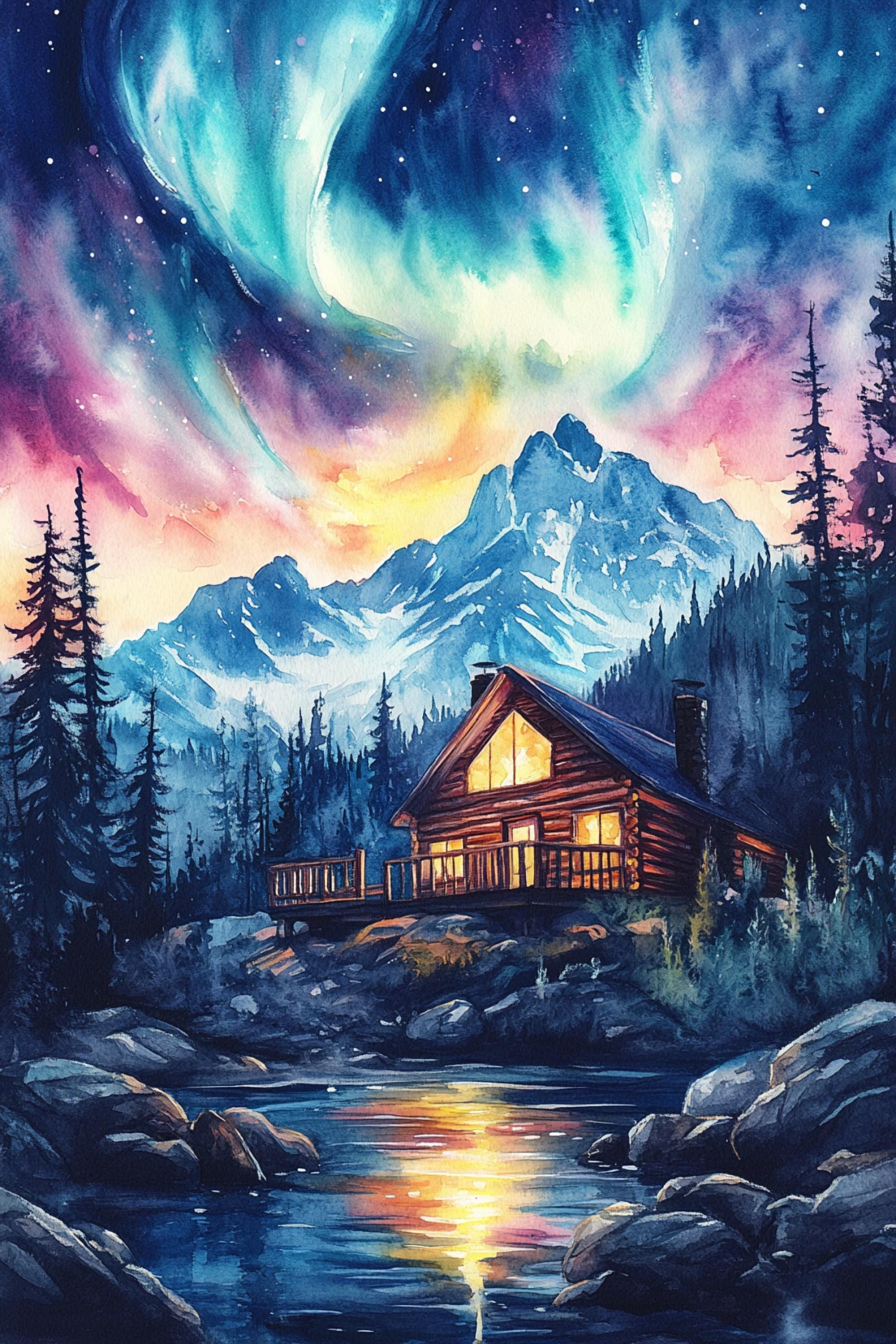 a serene mountain cabin nestled in a tranquil forest, with a stunning night sky filled with vibrant colors and the mesmerizing northern lights above.