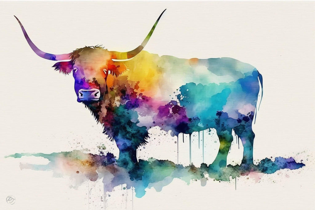 Nature's Charm: Highland Cow Watercolor Wall Art, Giclee Print on Canvas, Artist Paper, Watercolor Paper, Available in Extra Large Sizes