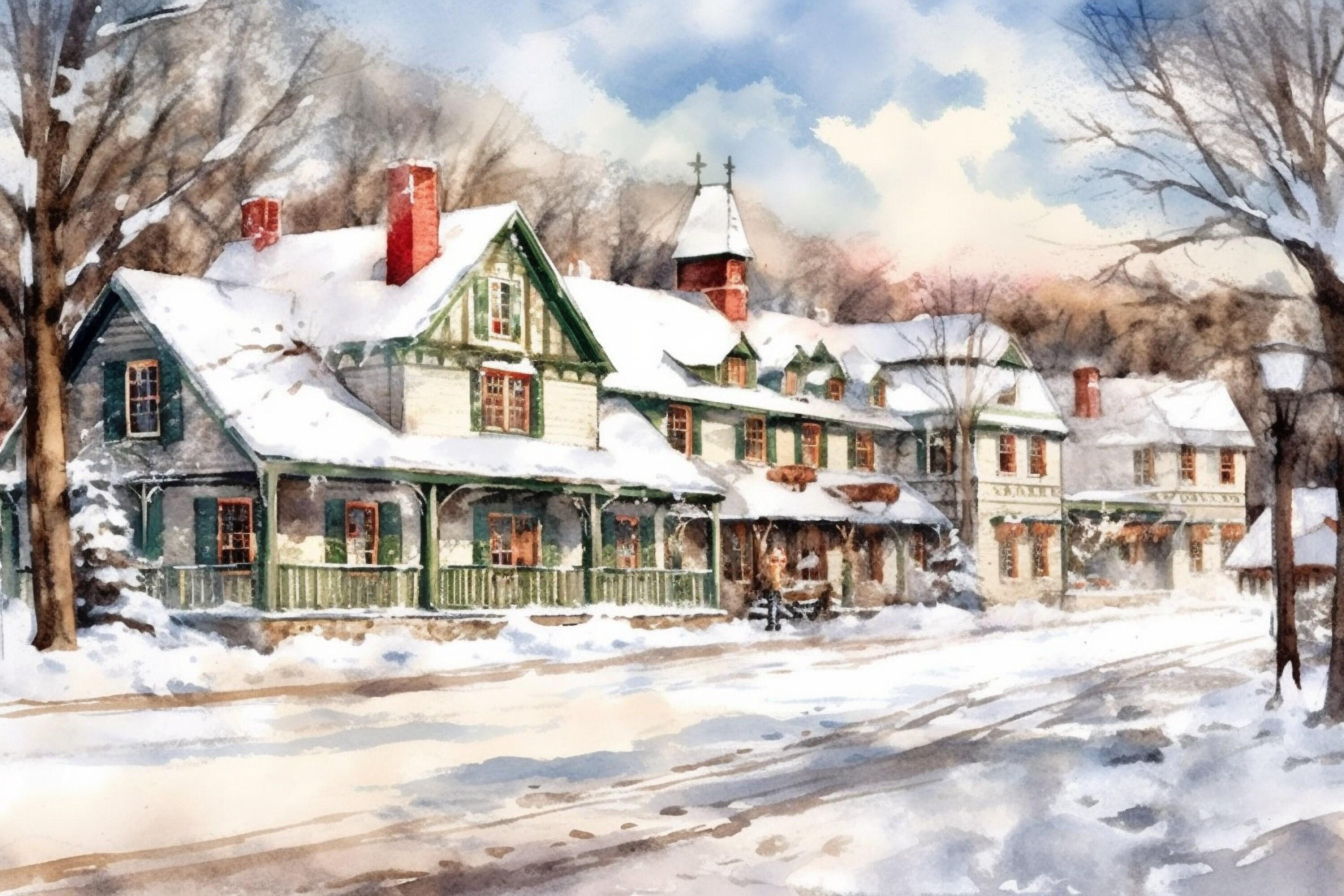 Traditional Christmas Scene Watercolor Art - Snowy Winter, Print on Canvas, Artist Paper, Watercolor Paper, Available in Extra Large Sizes