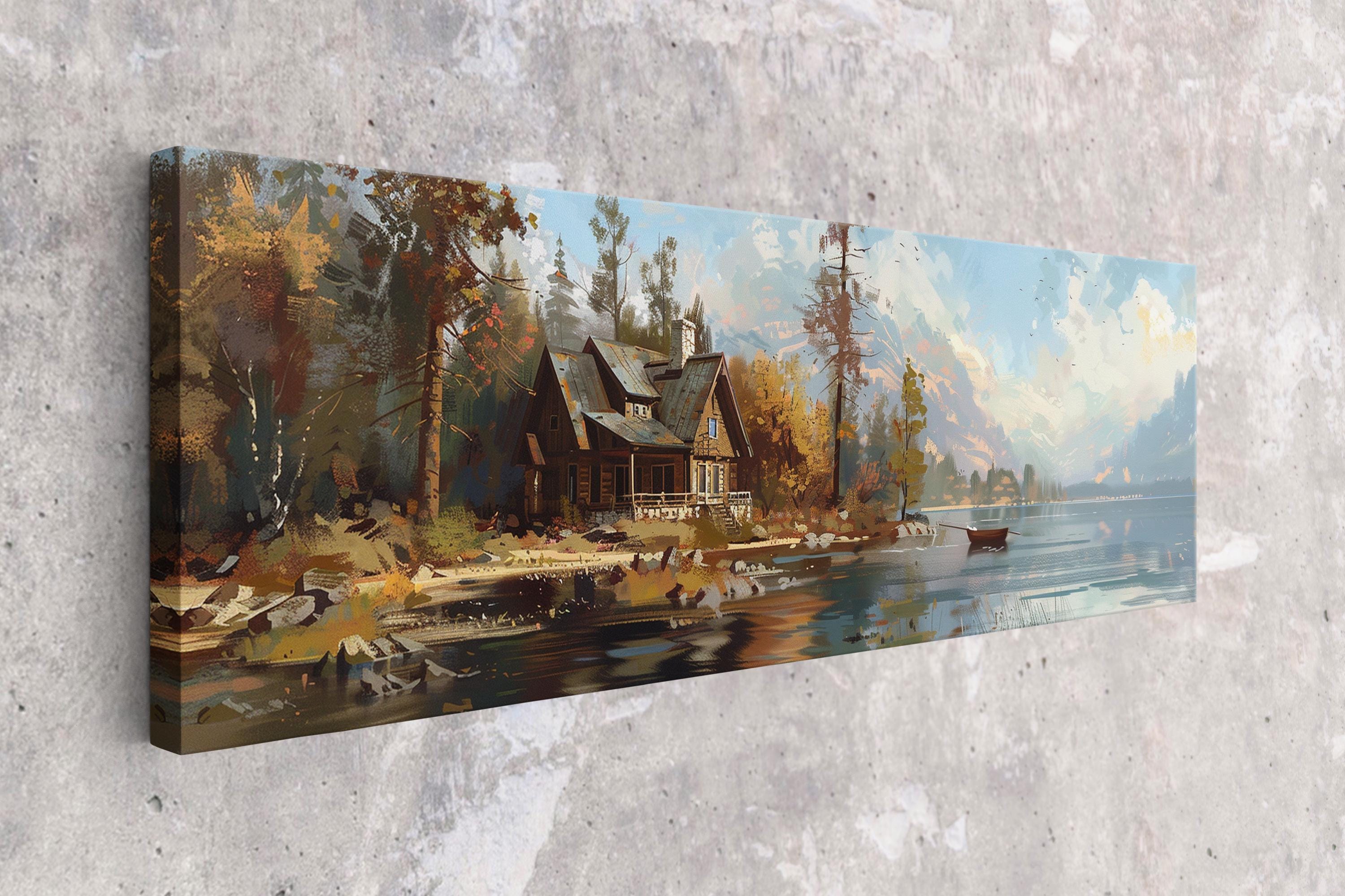 a painting of a cabin by a lake