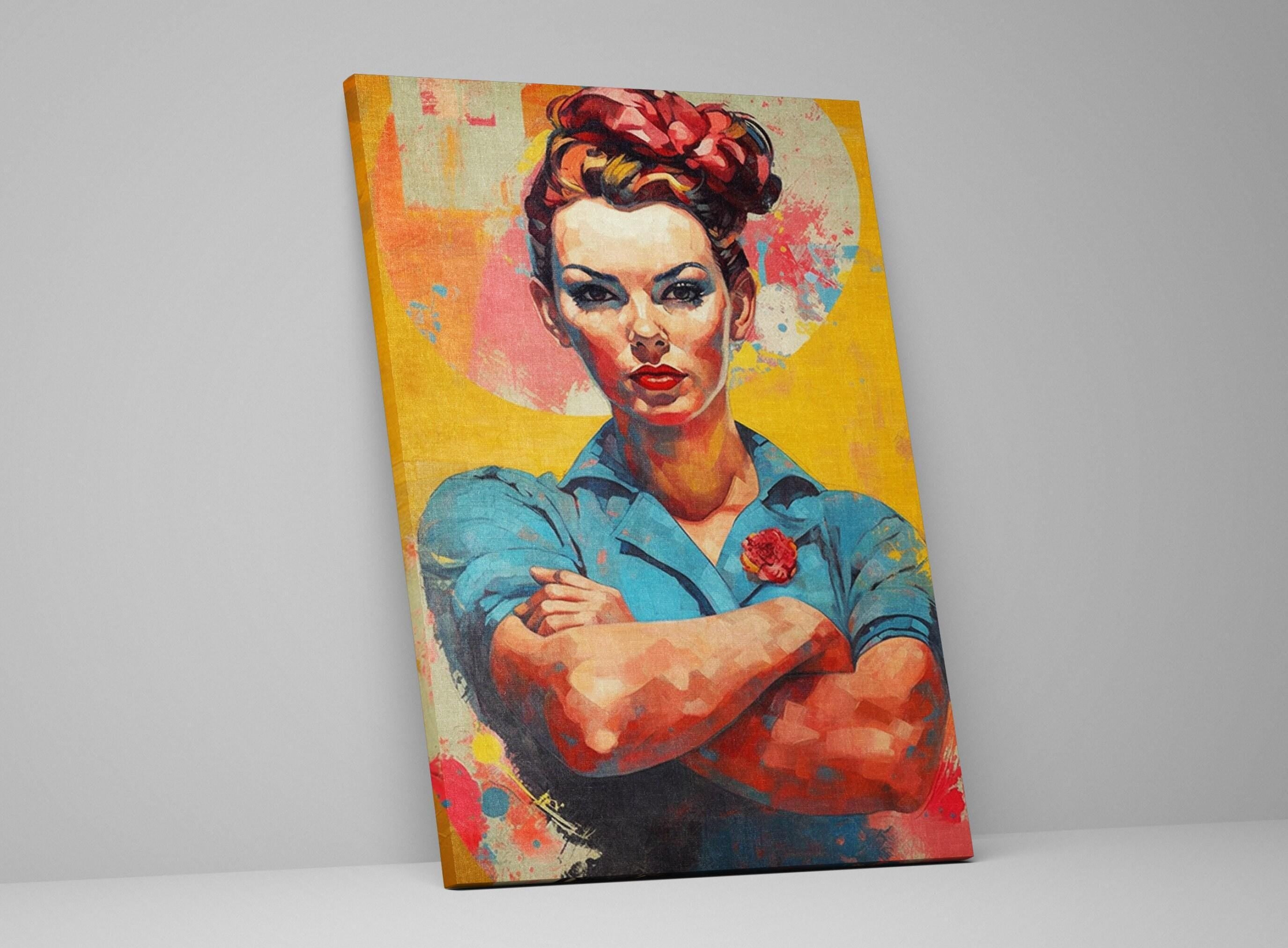 The image is a vibrant painting depicting a woman with a serious expression, wearing a blue shirt and a red flower in her hair.
