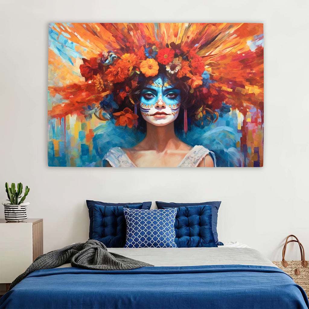 Day of the Dead Art - Large Canvas Sugar Skull Wall Art With Vibrant Flower Hair