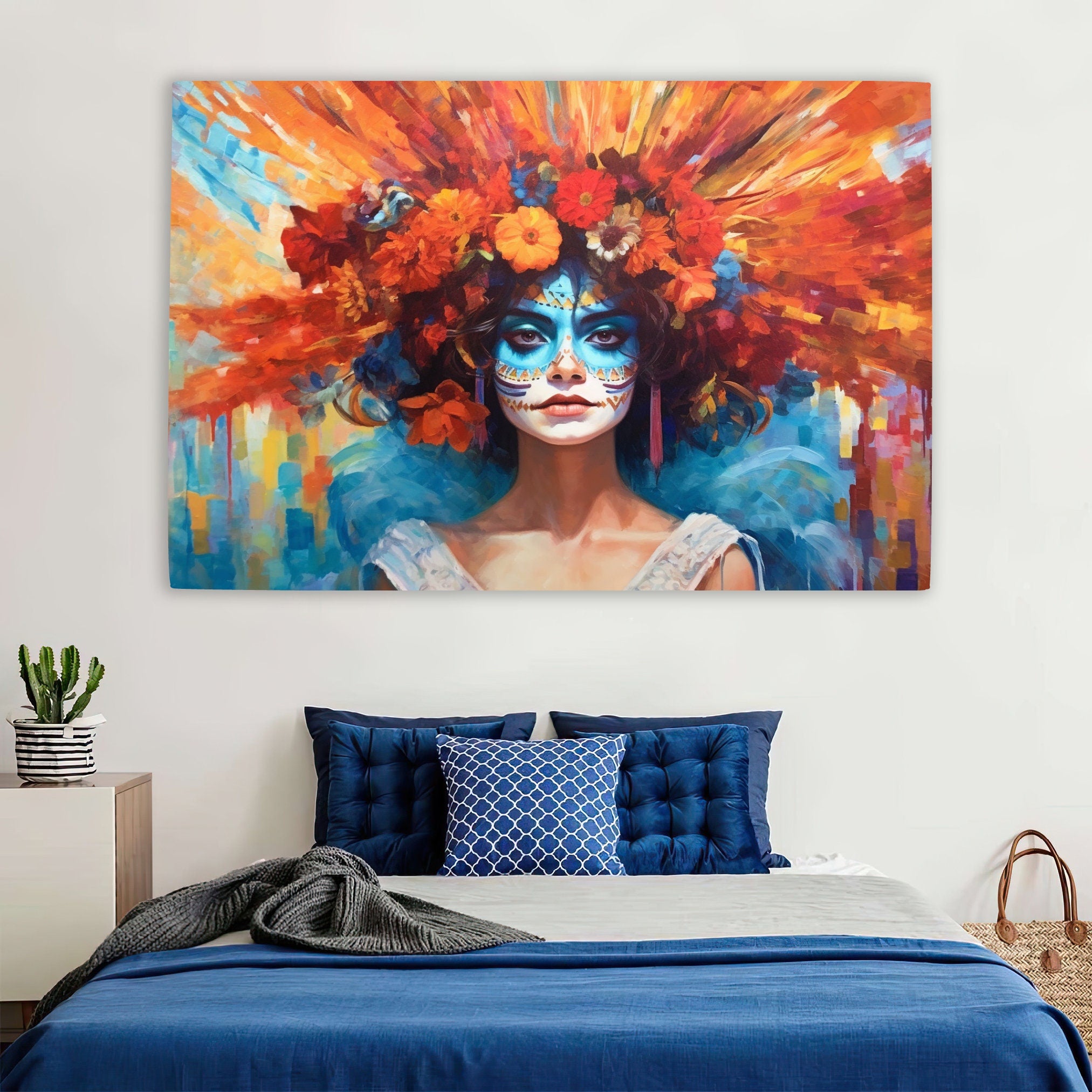 Day of the Dead Art - Large Canvas Sugar Skull Wall Art With Vibrant Flower Hair