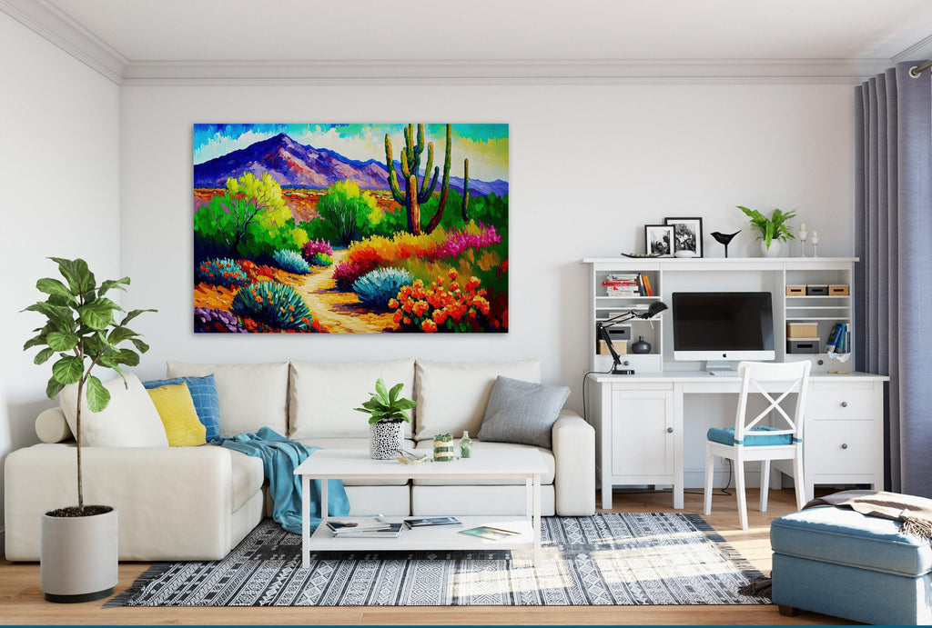 a modern living room with a large, colorful painting of a desert landscape hanging on the wall. The room is furnished with a white sofa, a coffee table, and a desk with a computer setup. The room also features various decorative elements such as potted plants, vases, and books.