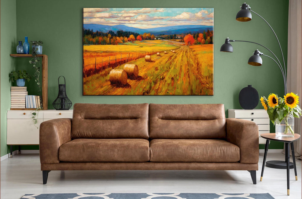 Rural Canvas Wall Art – Large Canvas Art with Hay Bale Painting, Rustic Home Decor