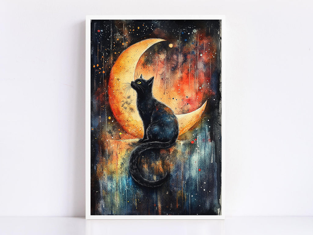 A black cat sitting on a crescent moon against a starry night sky background.