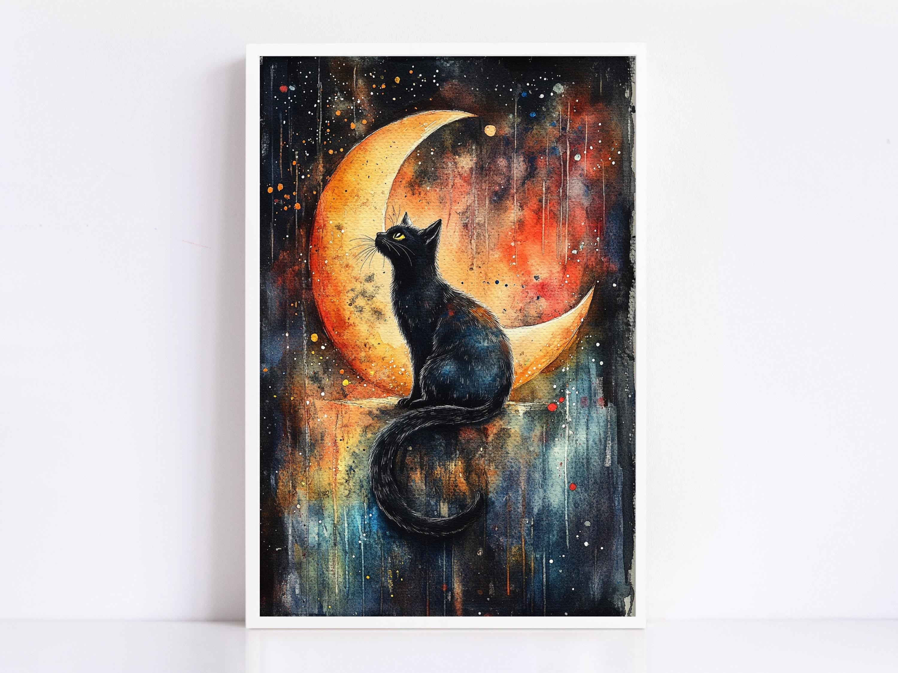 A black cat sitting on a crescent moon against a starry night sky background.