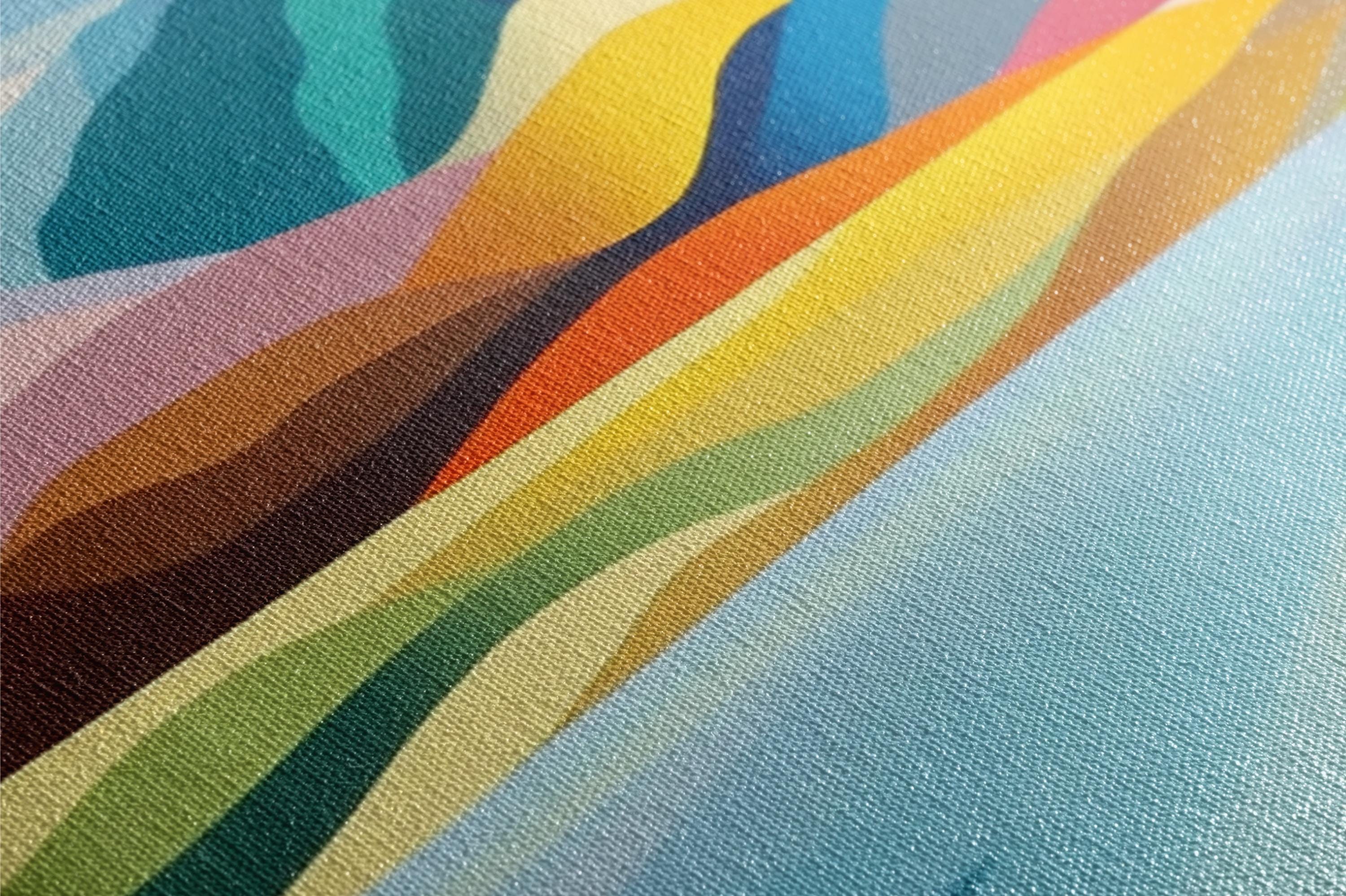 a close up of a painting of a multicolored wave