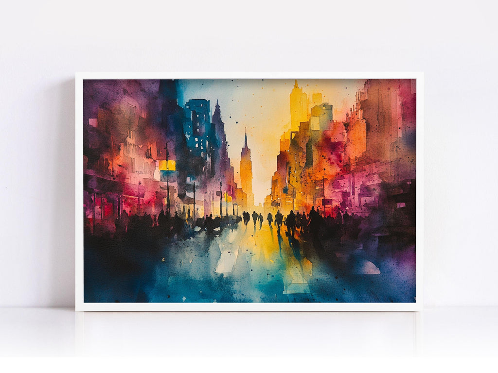 The image is a vibrant watercolor painting depicting a cityscape with tall buildings and a colorful, abstract background.