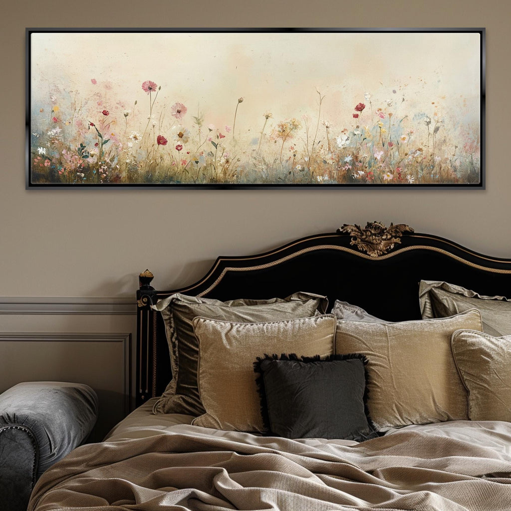 a bed with a large painting above it
