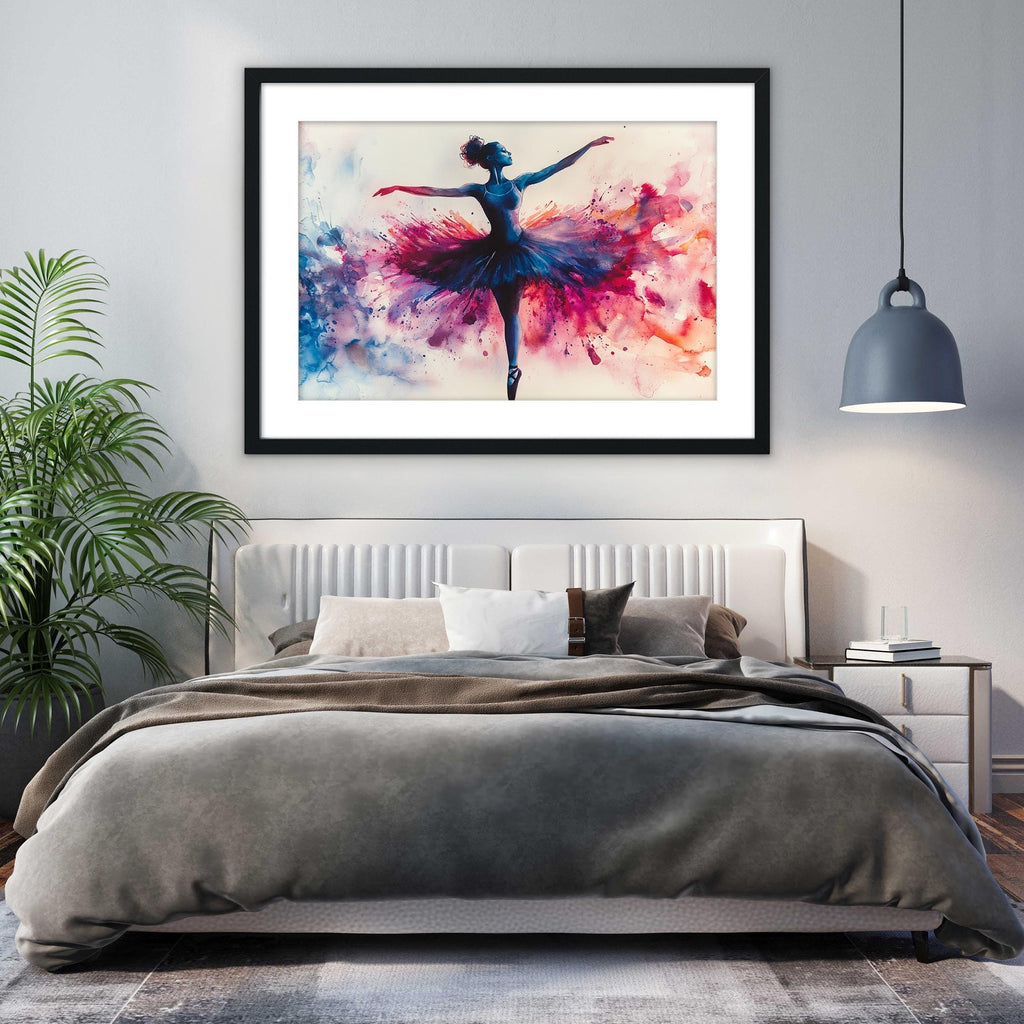 a large, colorful painting of a ballerina in a tutu, hanging on a wall above a bed with a gray comforter.
