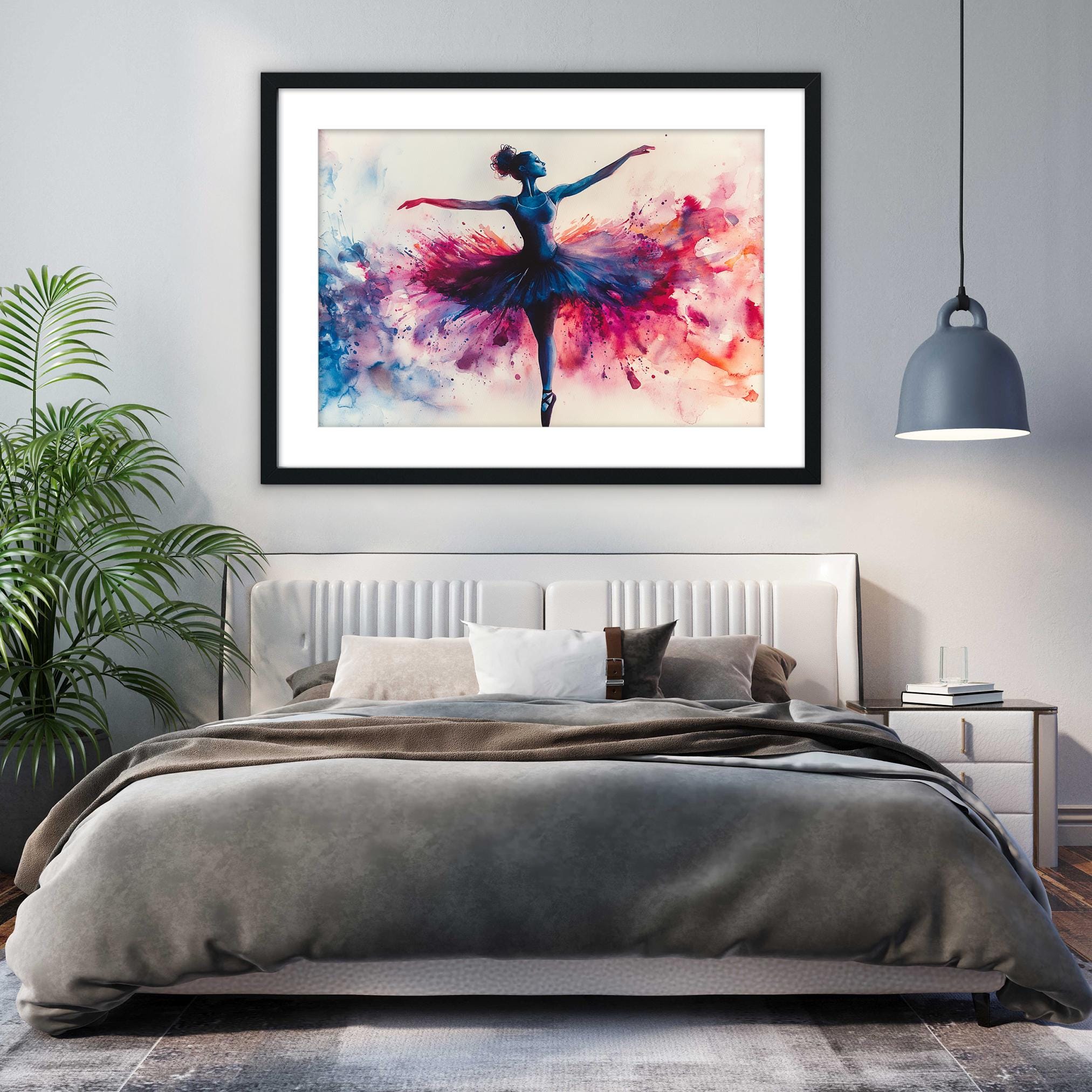 a large, colorful painting of a ballerina in a tutu, hanging on a wall above a bed with a gray comforter.