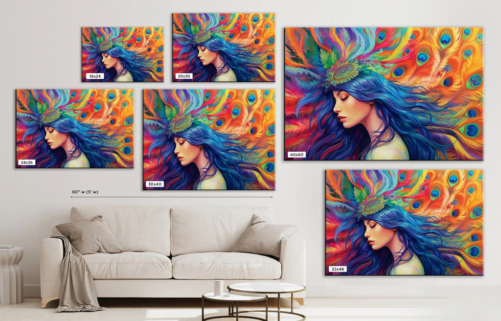 Peacock Feather Wall Art – Elegant Woman Portrait Canvas with Ornate Feather Headpiece
