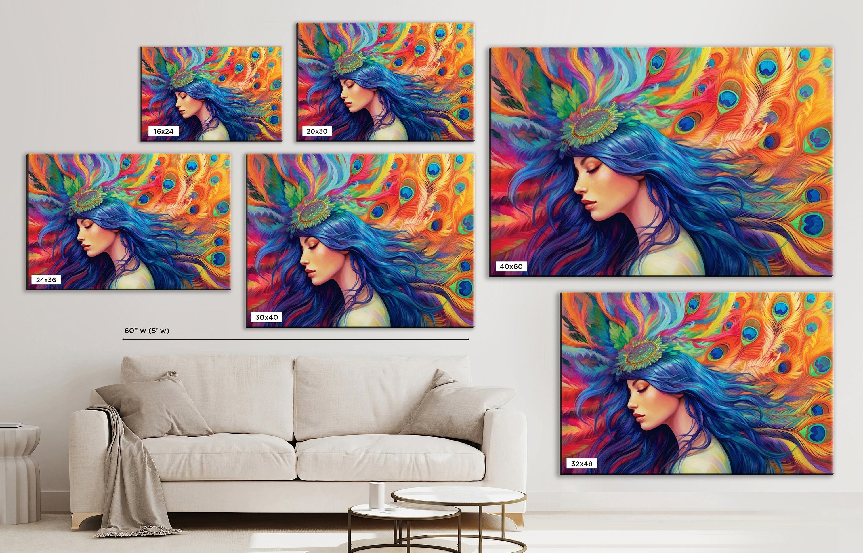 Peacock Feather Wall Art – Elegant Woman Portrait Canvas with Ornate Feather Headpiece