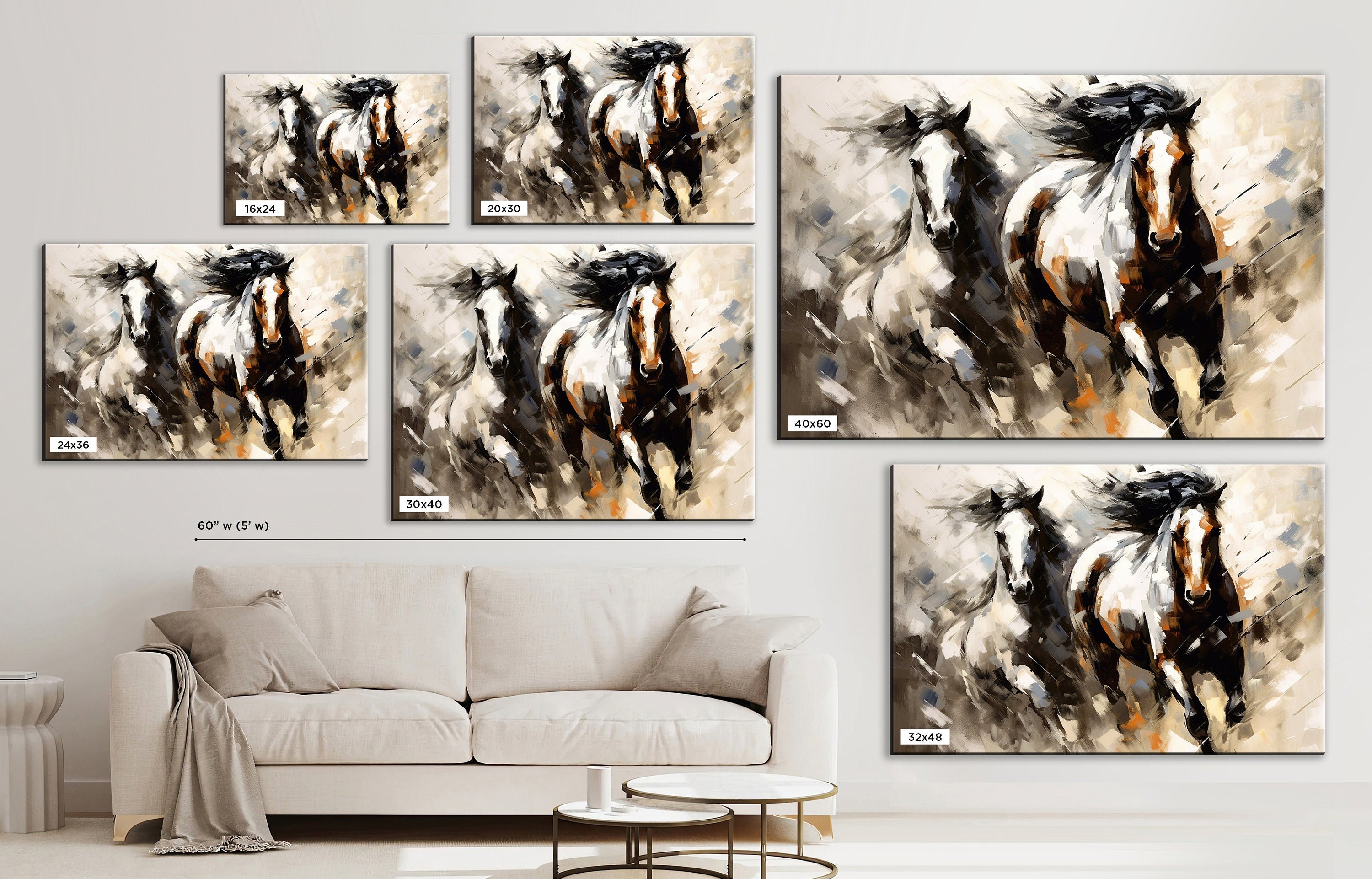 Pinto Horses Canvas - Large Gallery Wrapped Print | Running Horse Artwork with Wood Frame