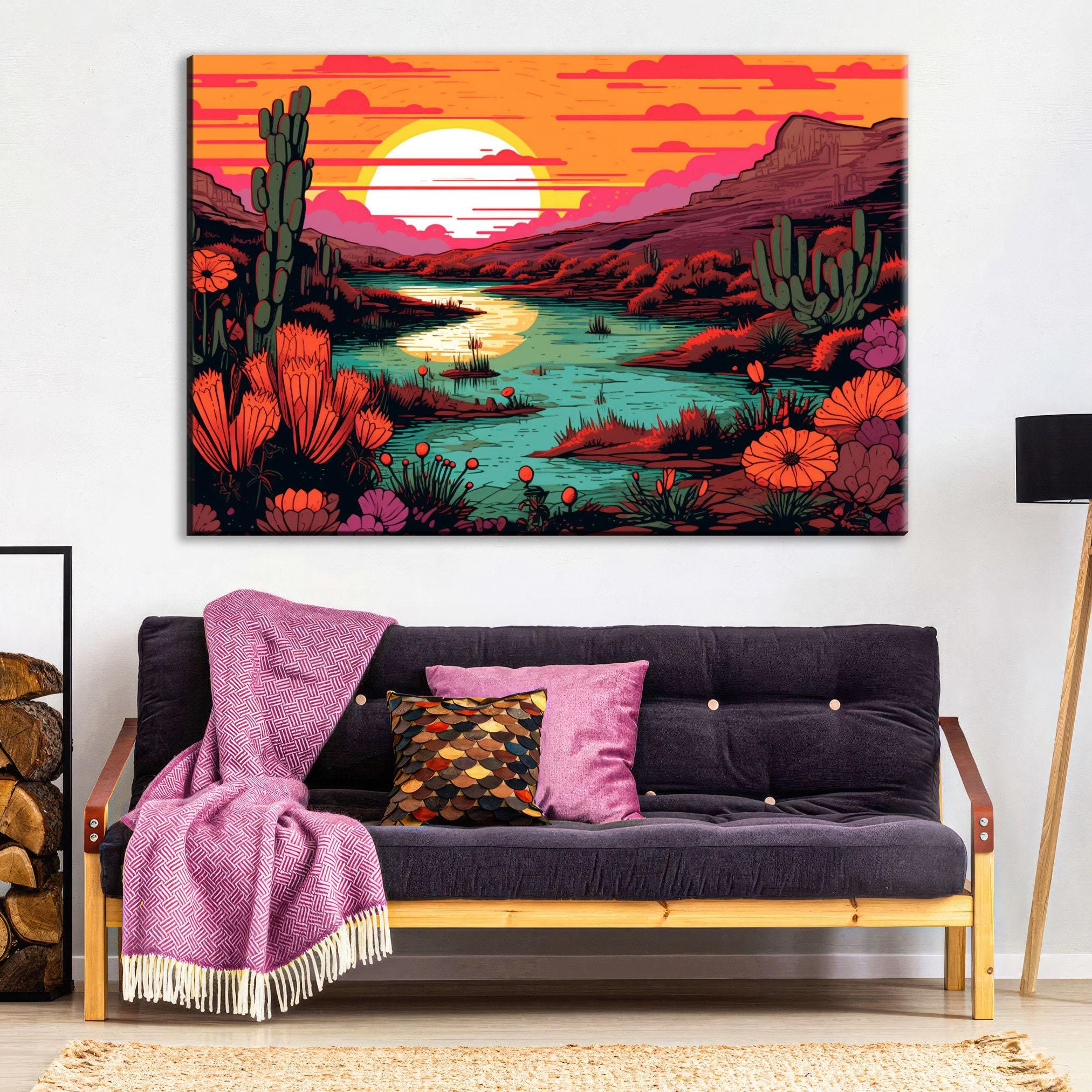 Desert Landscape Art – Linocut Style Canvas | Gallery Wrapped Ready to Hang