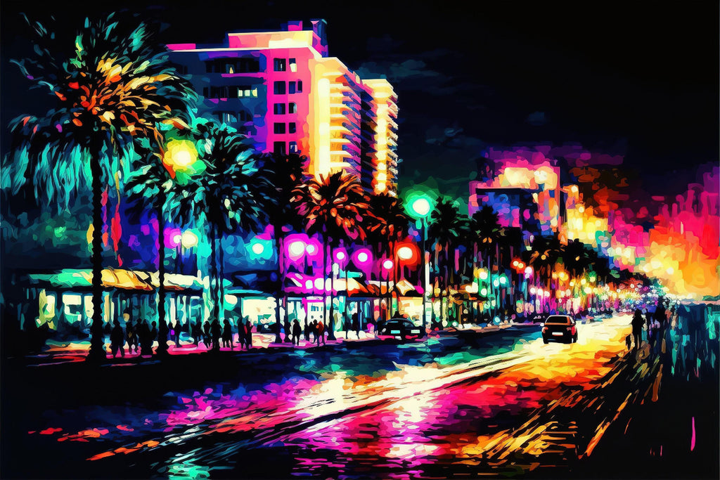 South Beach Canvas Art - Miami Skyline Art | Colorful Painting Print on Gallery-Ready Canvas