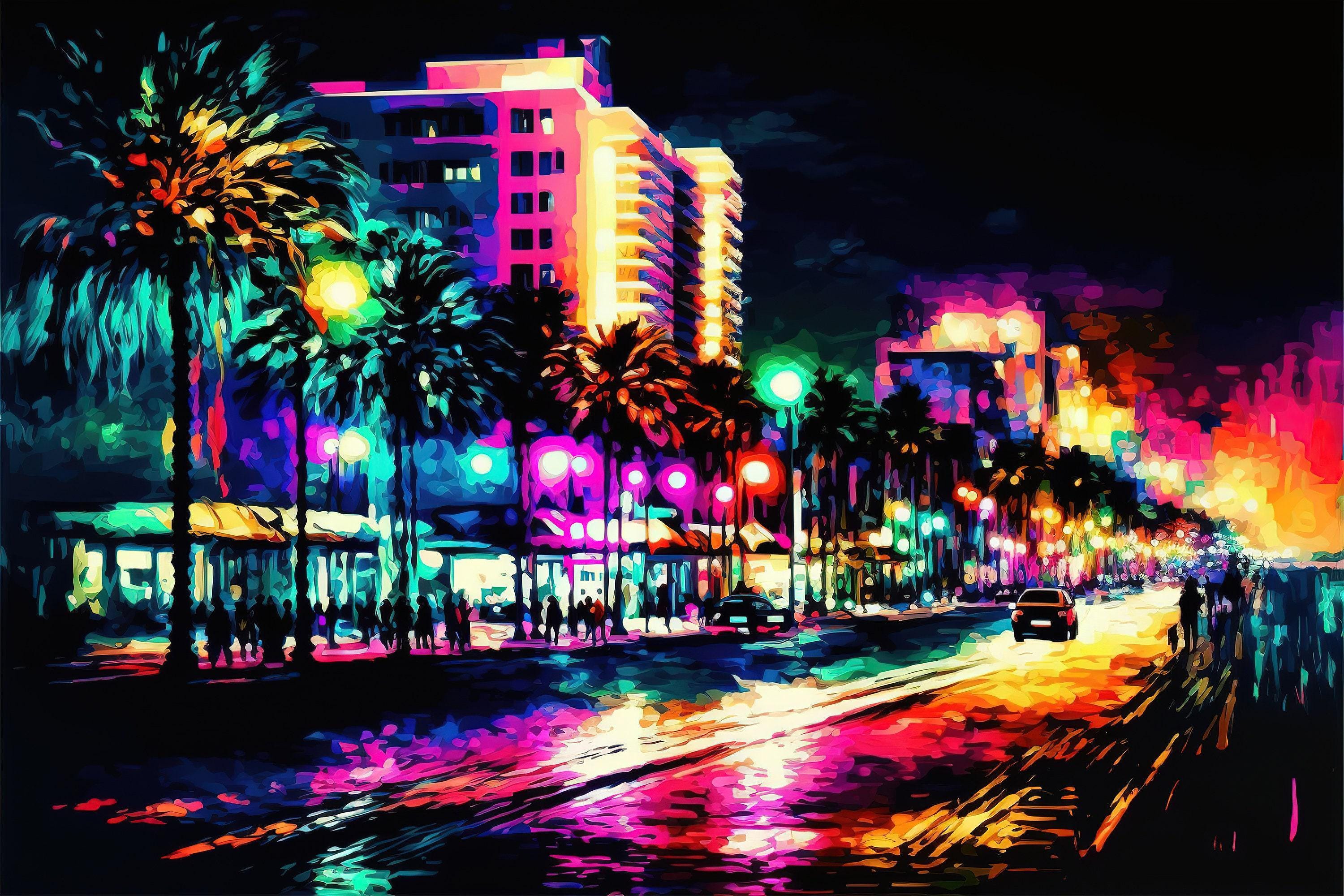 South Beach Canvas Art - Miami Skyline Art | Colorful Painting Print on Gallery-Ready Canvas