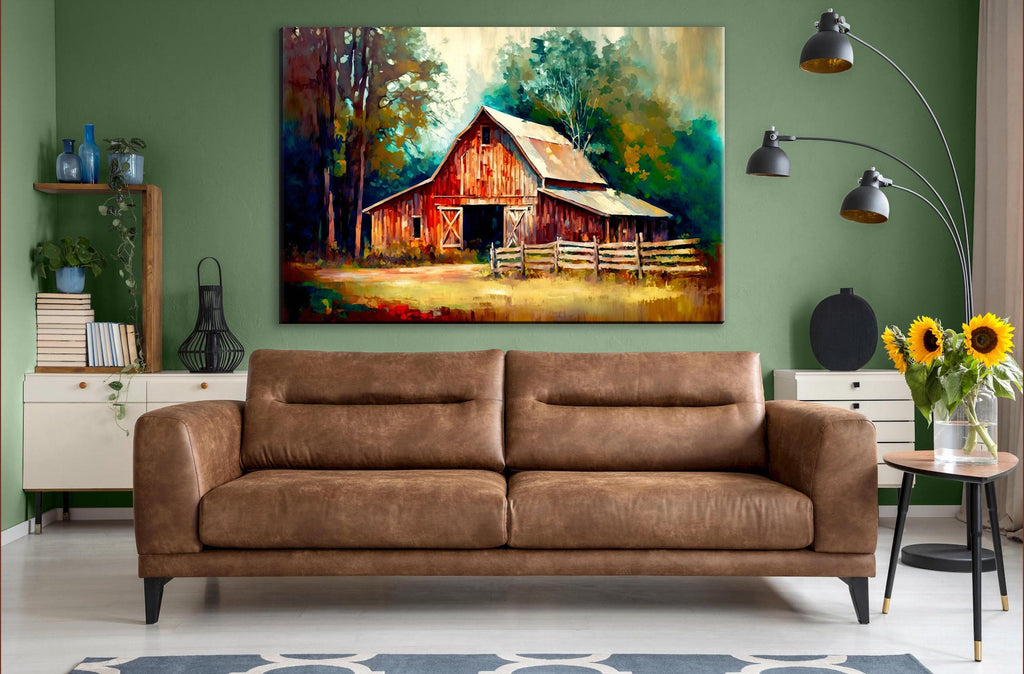 Farmhouse Canvas Art - Large Canvas Print | Rustic Style Art with Old Red Barn