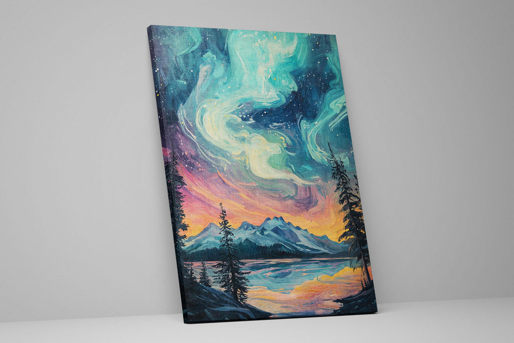 a painting of a night sky over a lake