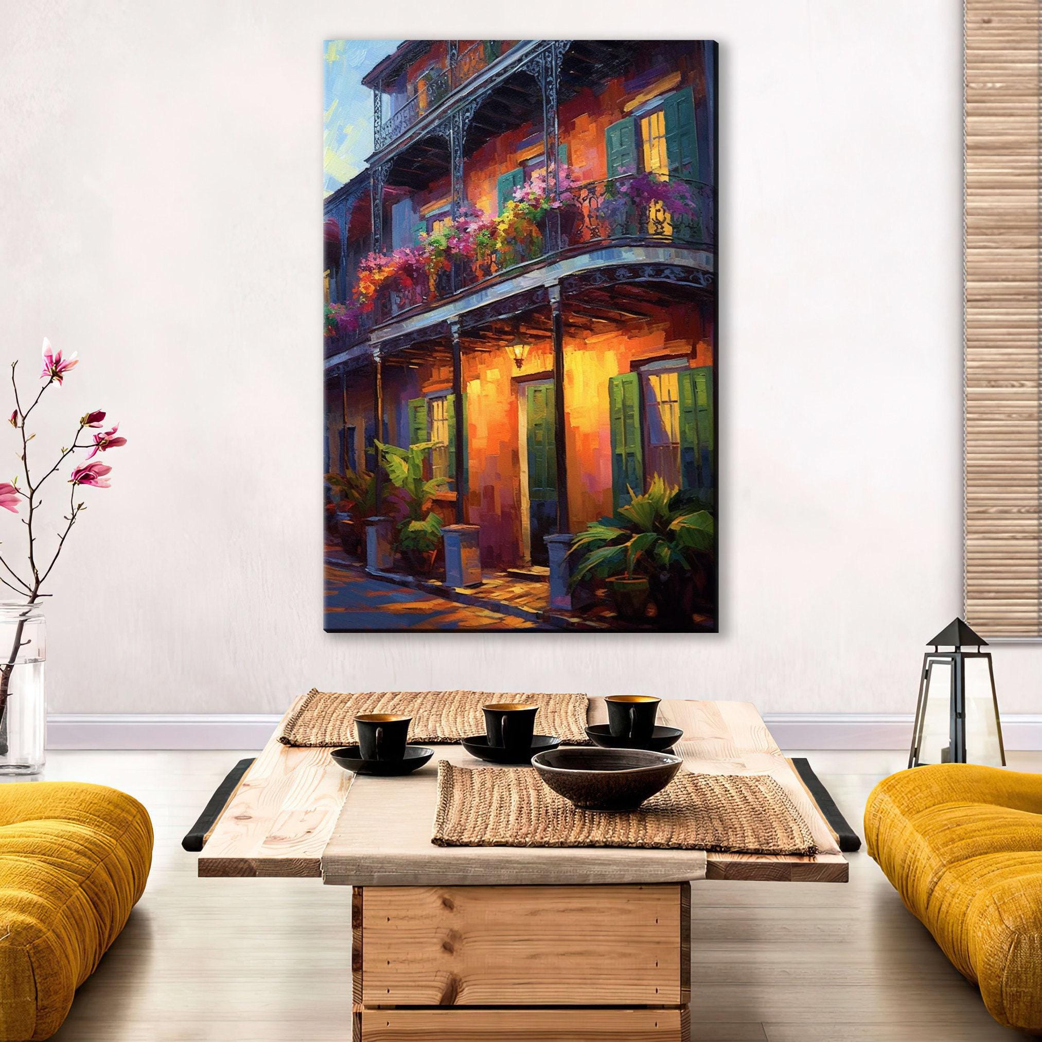 New Orleans Canvas Art – Large Framed French Quarter Painting With Wood Frame
