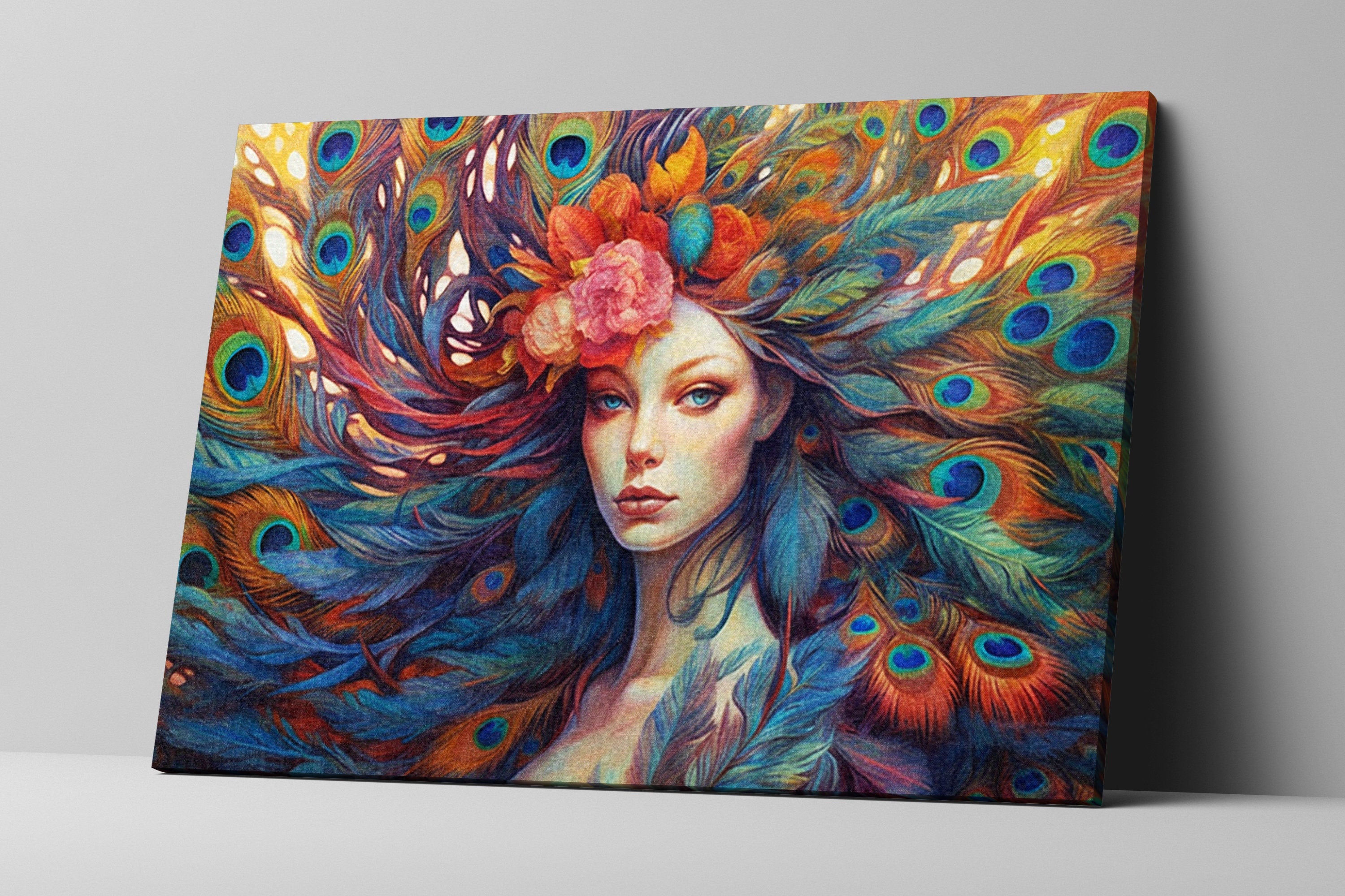 Peacock Feather Canvas | Large Canvas Print of Female Portrait Art with Vibrant Color