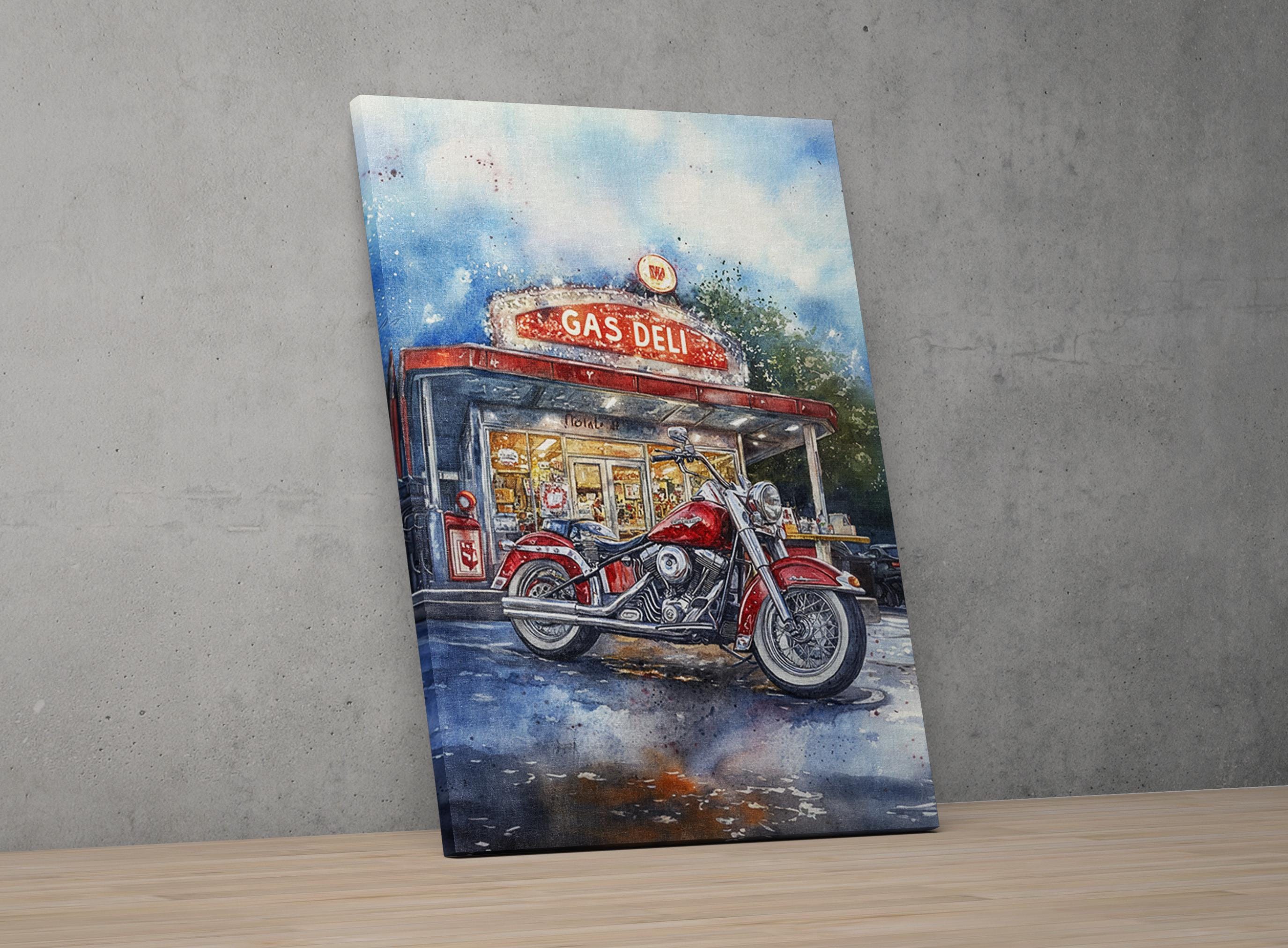 A watercolor painting depicting a red motorcycle parked in front of a gas station with a sign that reads "GAS DELI".