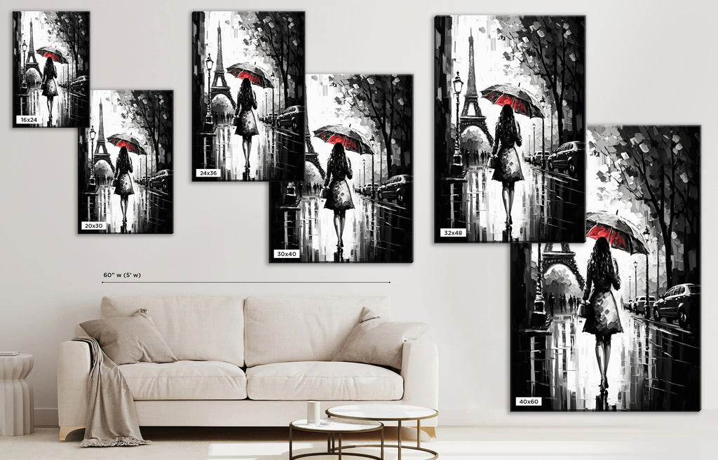 Parisian Canvas Art – Black and White Art with Red Umbrella | Large Gallery Ready Canvas Print