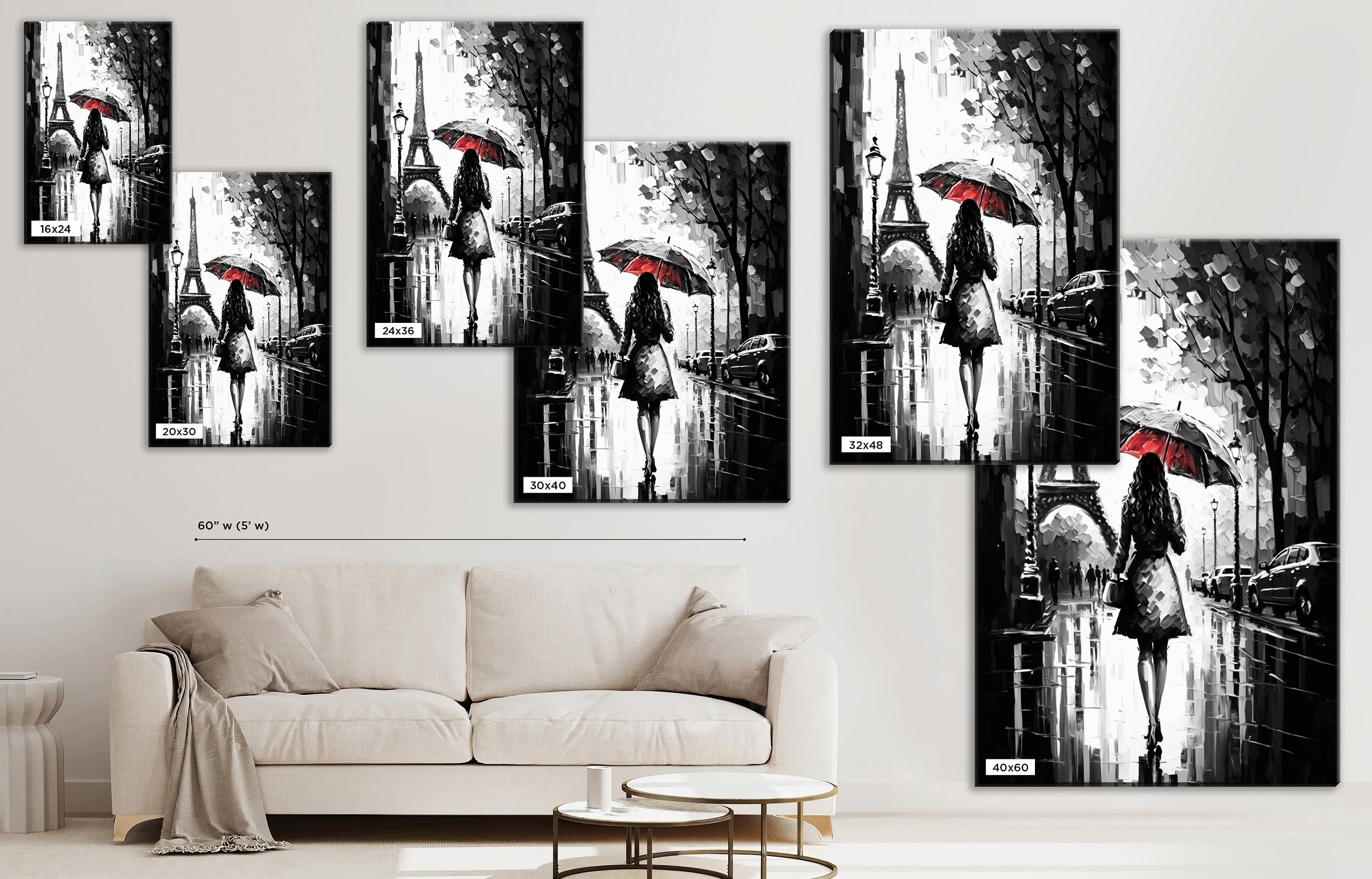 Parisian Canvas Art – Black and White Art with Red Umbrella | Large Gallery Ready Canvas Print