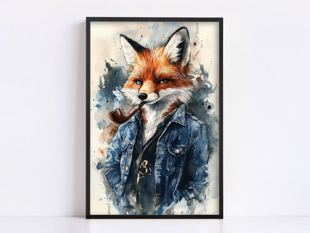 The image is a framed painting depicting a fox wearing a blue denim jacket and smoking a pipe.