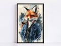 The image is a framed painting depicting a fox wearing a blue denim jacket and smoking a pipe.
