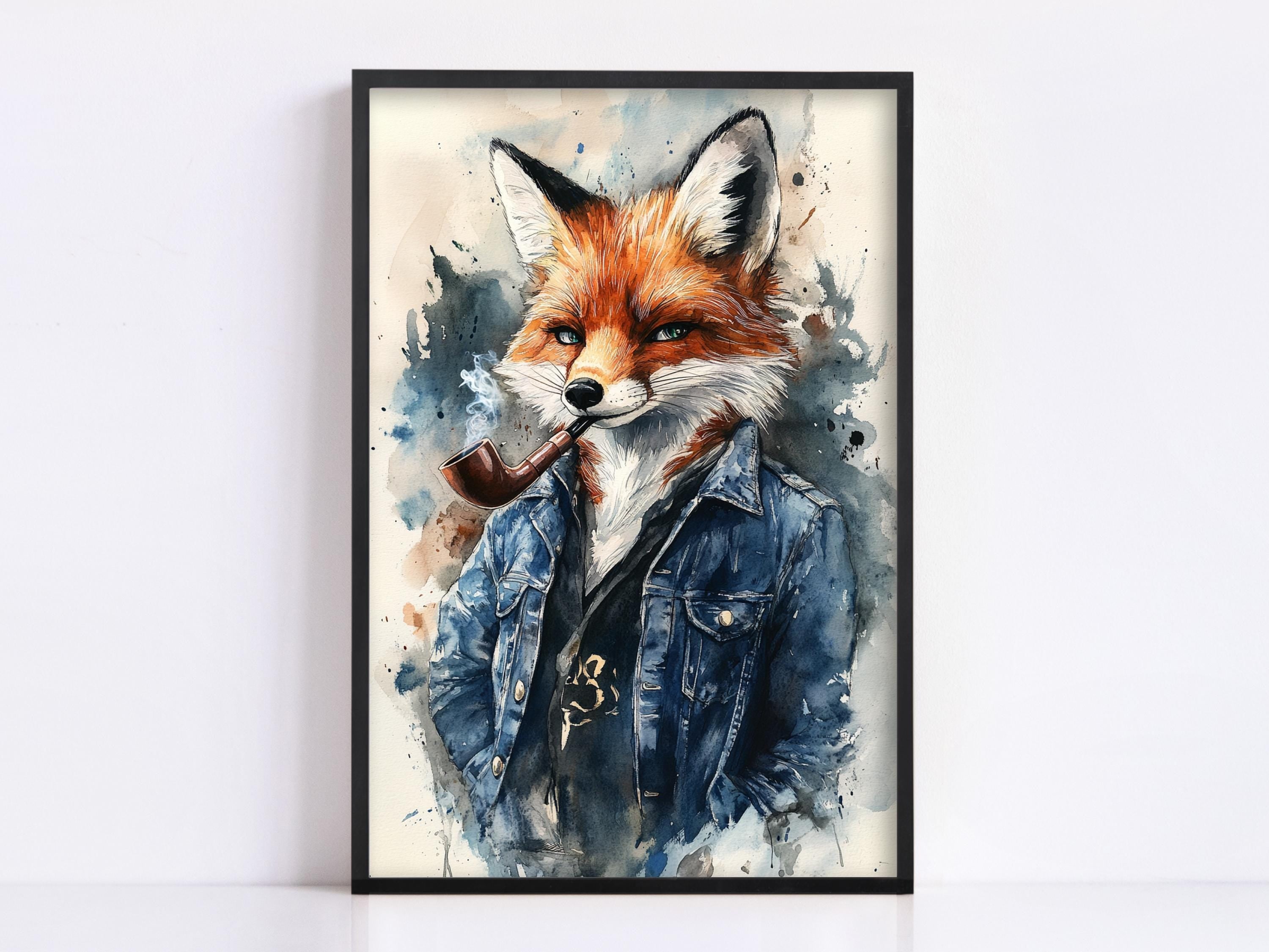 The image is a framed painting depicting a fox wearing a blue denim jacket and smoking a pipe.