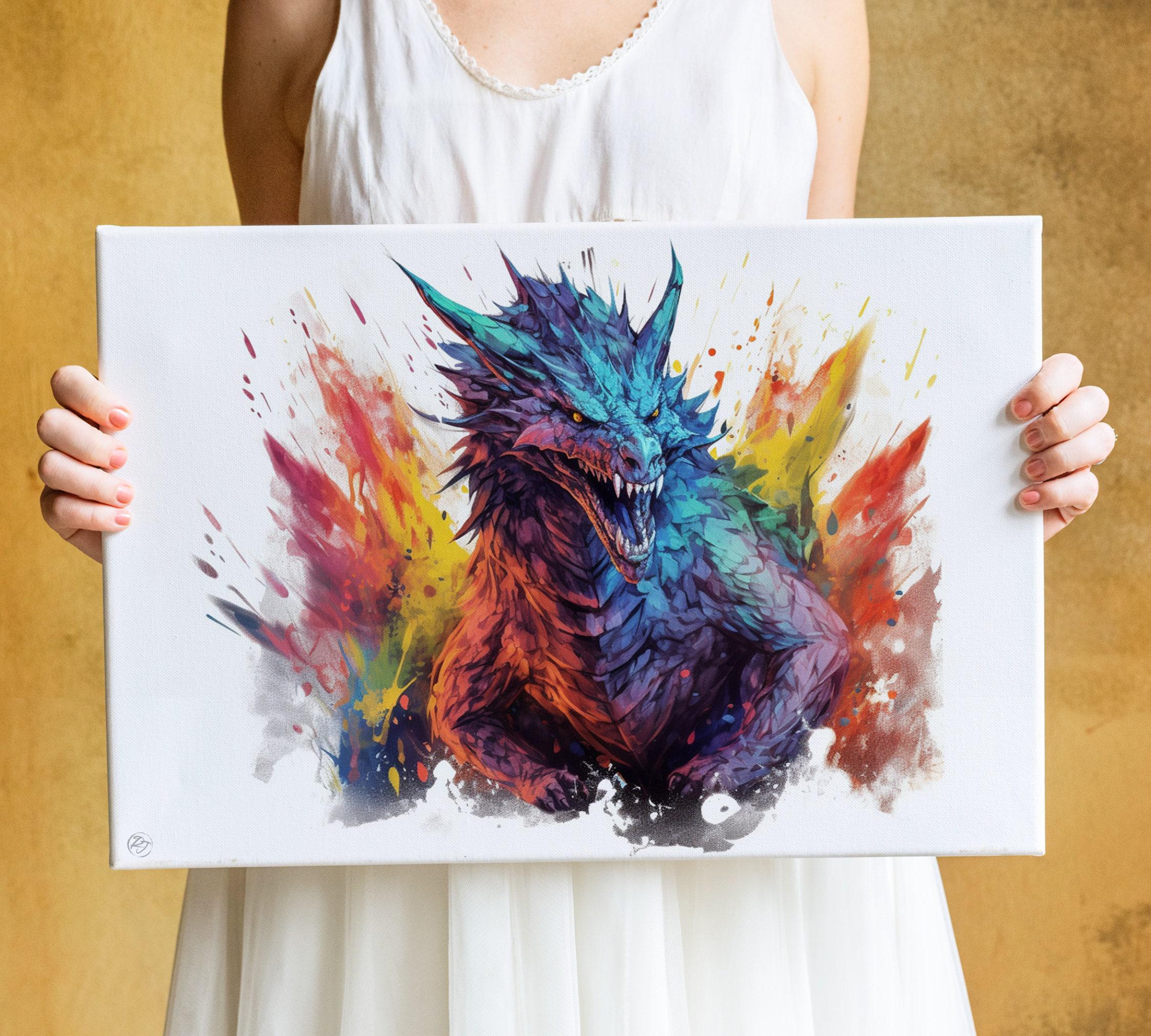 Mystical Dragon Majesty: Watercolor Wall Art Print, Giclee Print on Canvas, Artist Paper, Watercolor Paper, Available in Extra Large Sizes