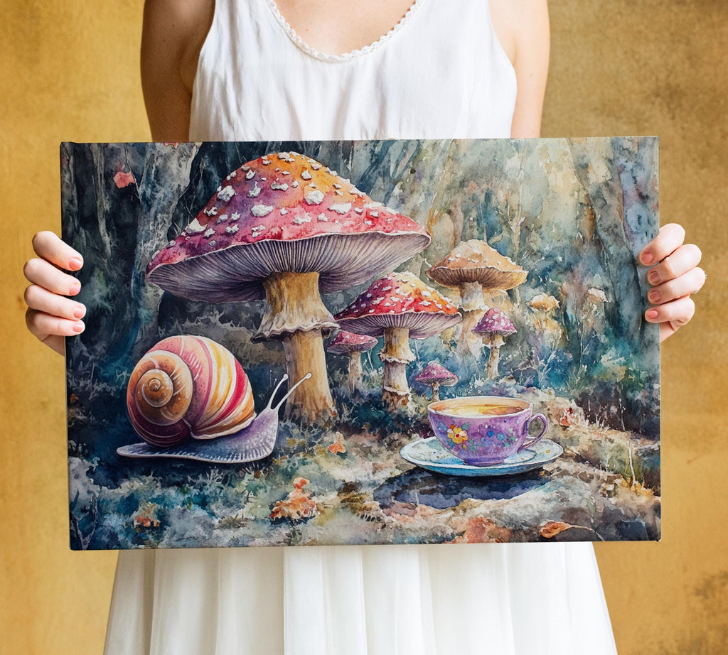 A person is holding a framed painting depicting a whimsical scene with a snail, mushrooms, and a teacup, all set against a fantastical forest backdrop.