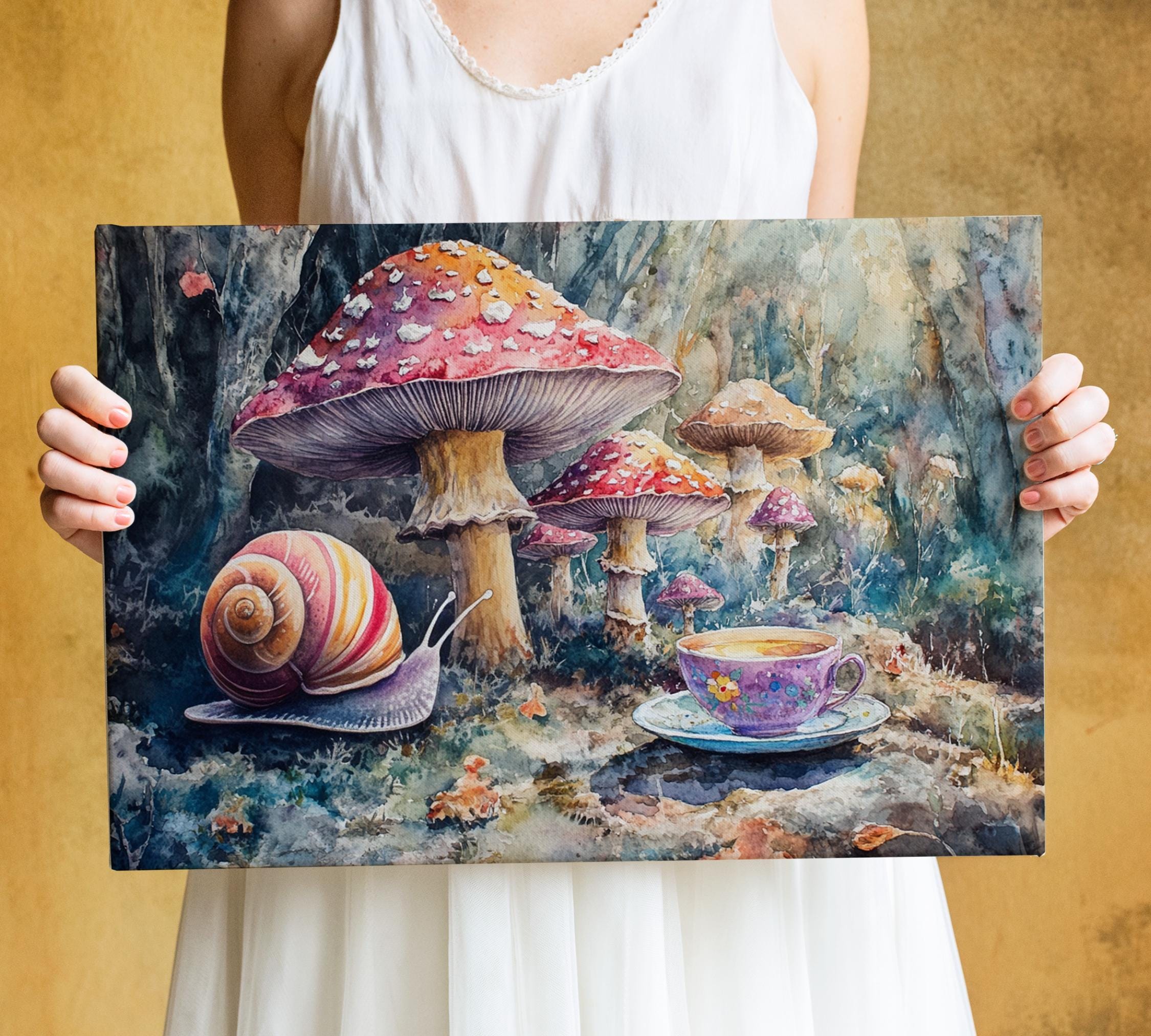 A person is holding a framed painting depicting a whimsical scene with a snail, mushrooms, and a teacup, all set against a fantastical forest backdrop.