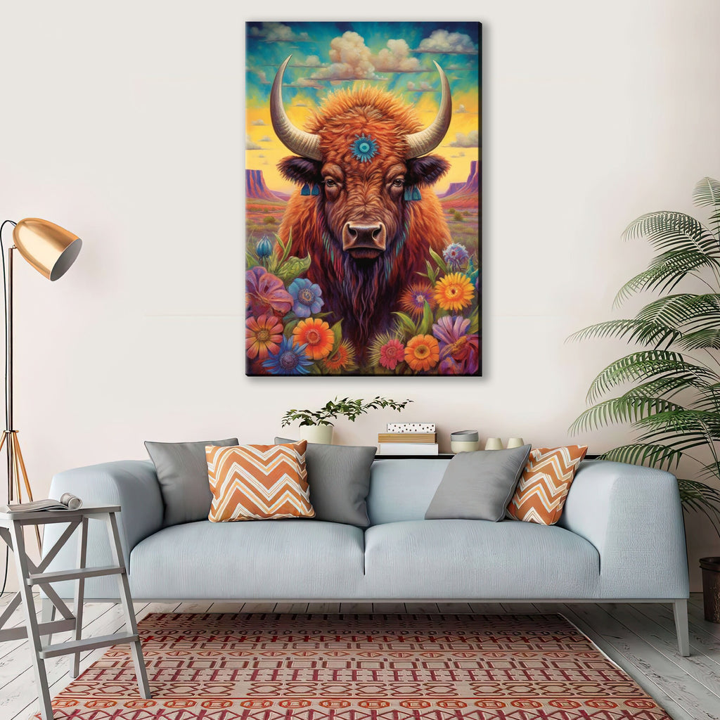 Bison Wall Art - Western Theme Painting | Yellowstone Bison Portrait Canvas Print
