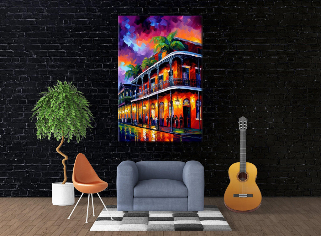 New Orleans Canvas Art - Vibrant Bourbon Street Painting on Real Wood Frame