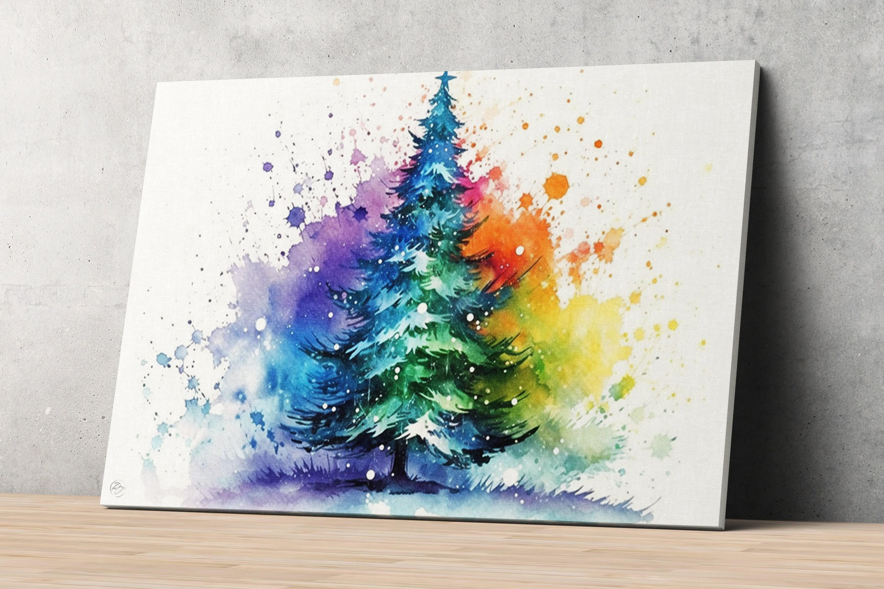 Christmas Tree Colorful Watercolor - Holiday Wall Decor, Print on Canvas, Artist Paper, Watercolor Paper, Available in Extra Large Sizes
