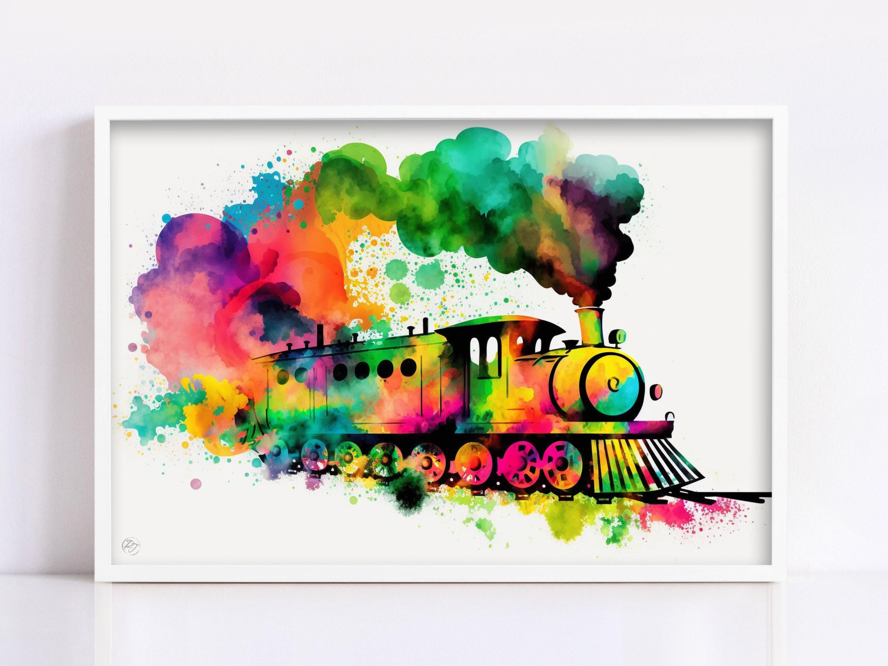 Steam Train Elegance: Watercolor Railroad Wall Decor, Giclee Print on Canvas, Artist Paper, Watercolor Paper, Available in Extra Large Sizes